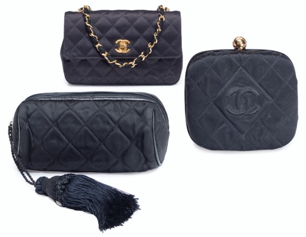 THREE CHANEL BLACK QUILTED SATIN EVENING BAGS, LATE 20TH CENTURY