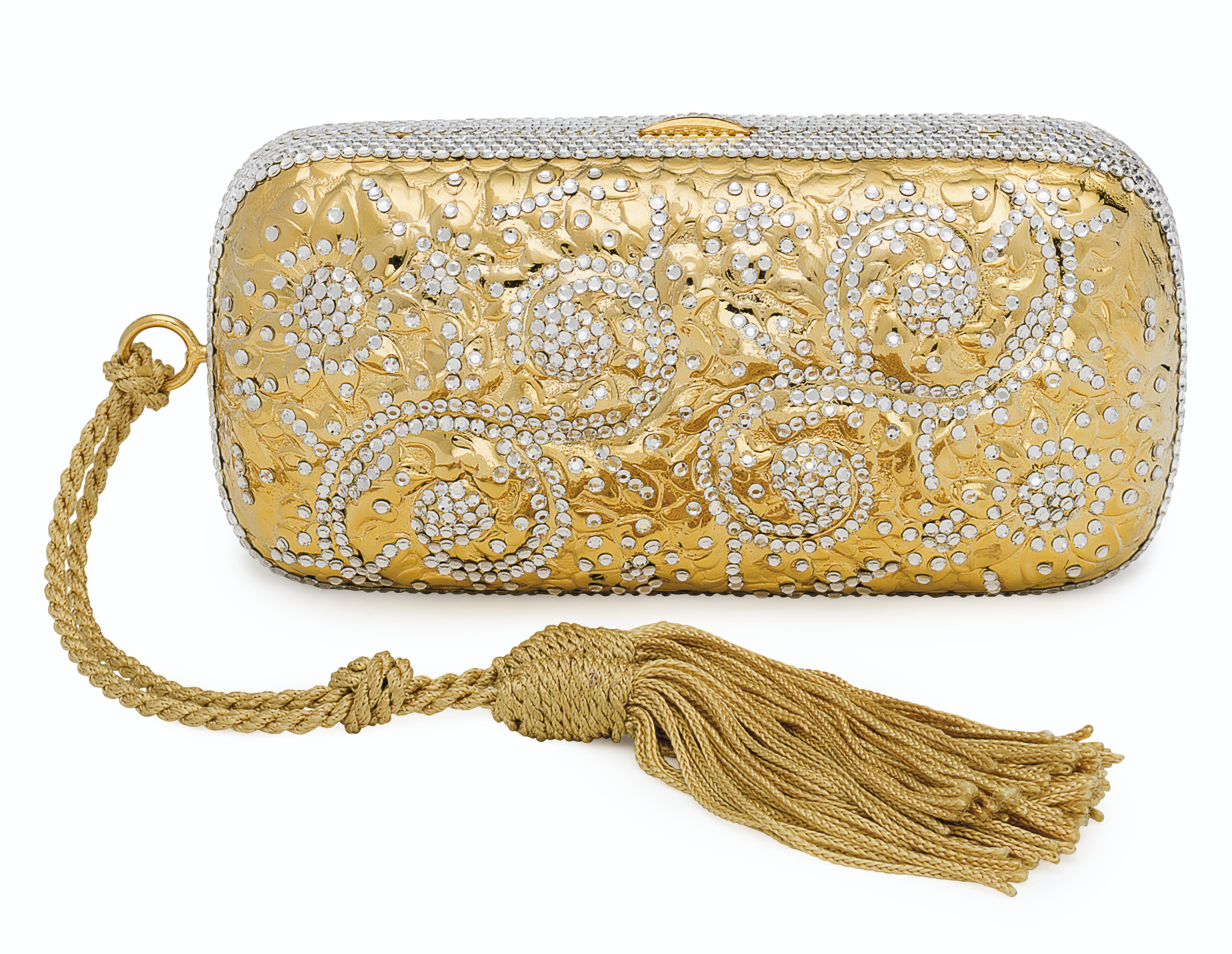 A JUDITH LEIBER GOLD METAL AND SILVER CRYSTAL OBLONG CLUTCH
