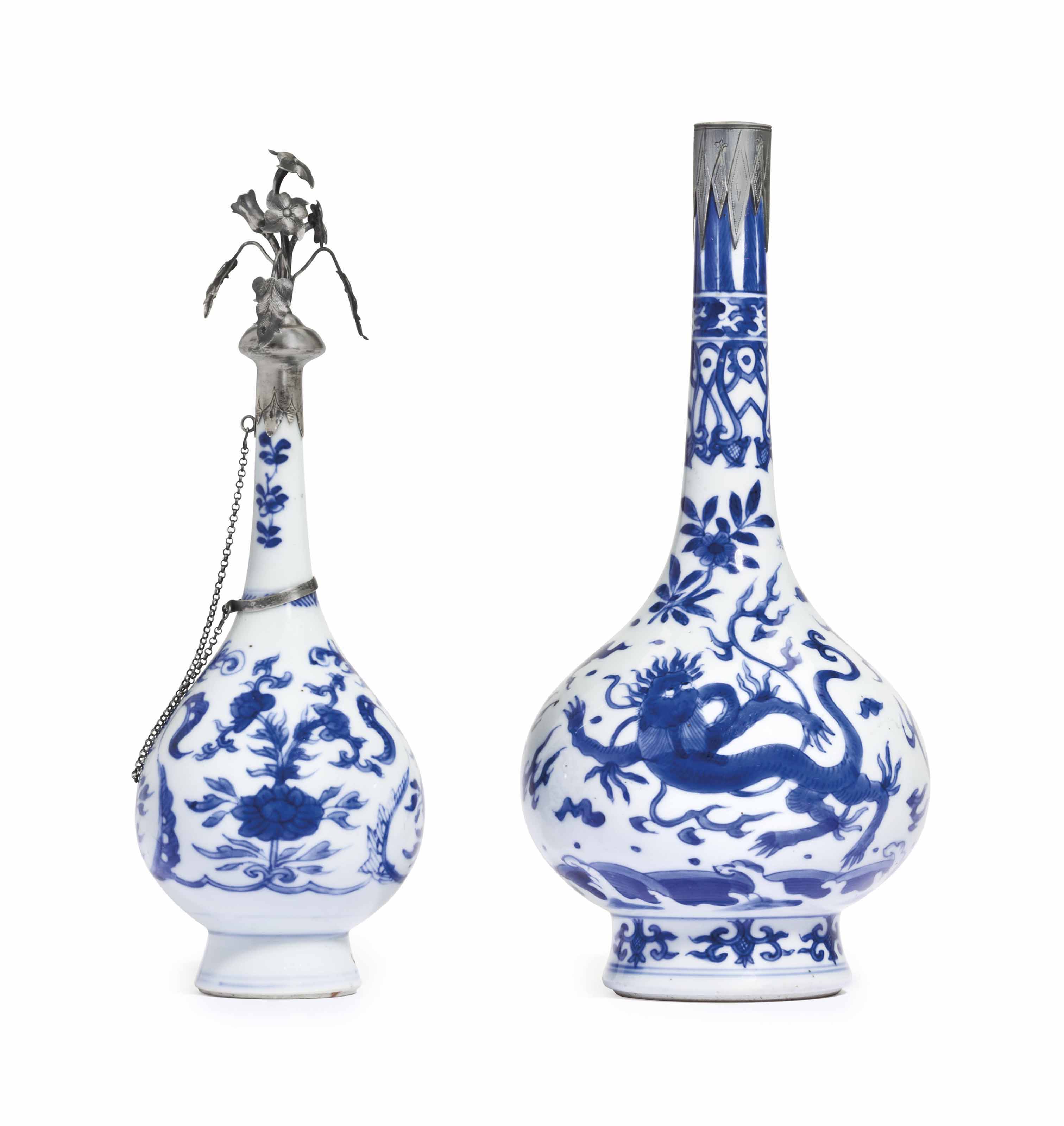 TWO BLUE AND WHITE METALMOUNTED BOTTLE VASES