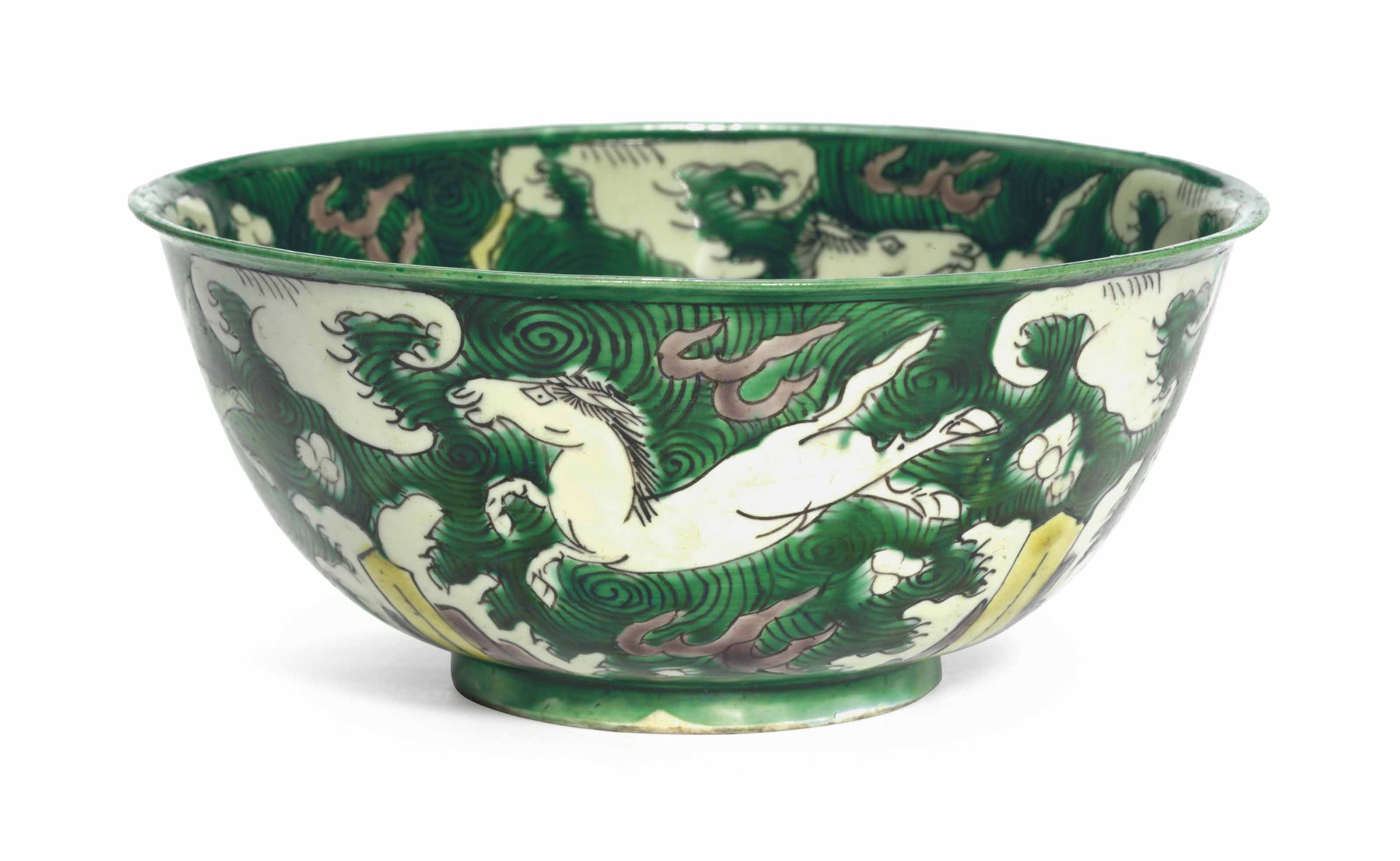 A GREEN, YELLOW, CREAM AND AUBERGINEGLAZED BISCUIT BOWL , KANGXI