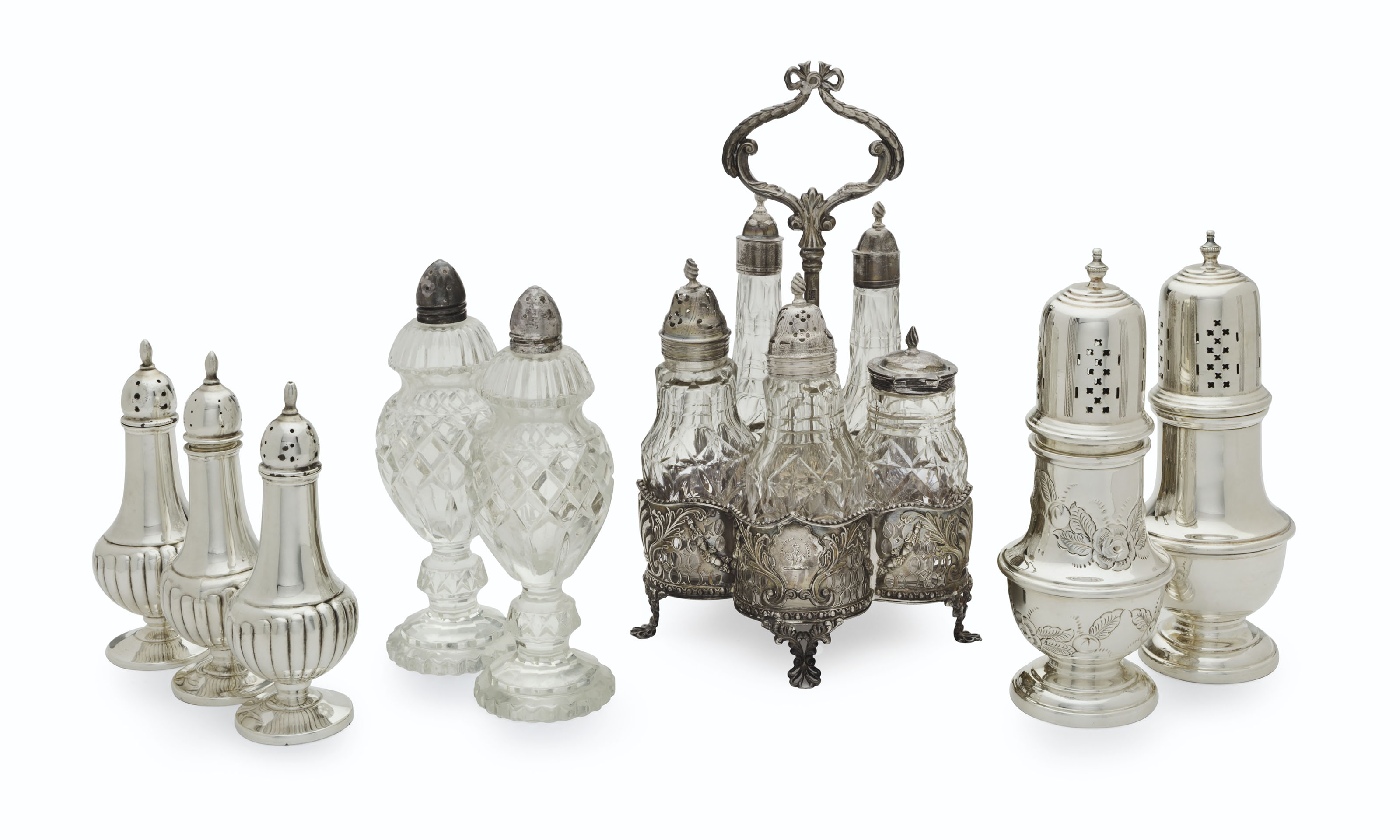 A SET OF SILVER CASTERS, CUTGLASS CASTERS, A CRUET, AND ENGLISH SILVER