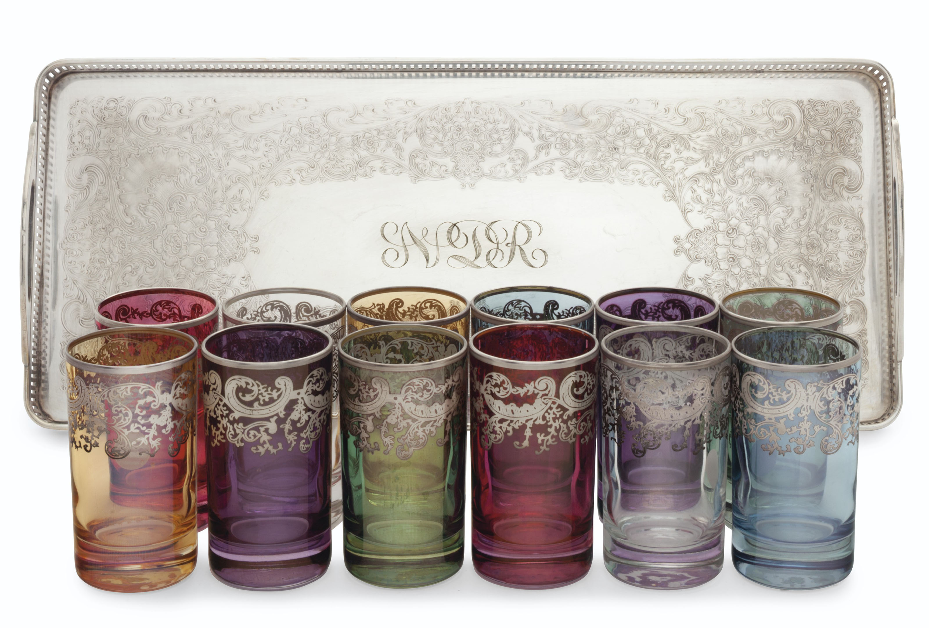 A SET OF ITALIAN SILVER INLAID VARICOLORED GLASS TUMBLERS, AND AN ...