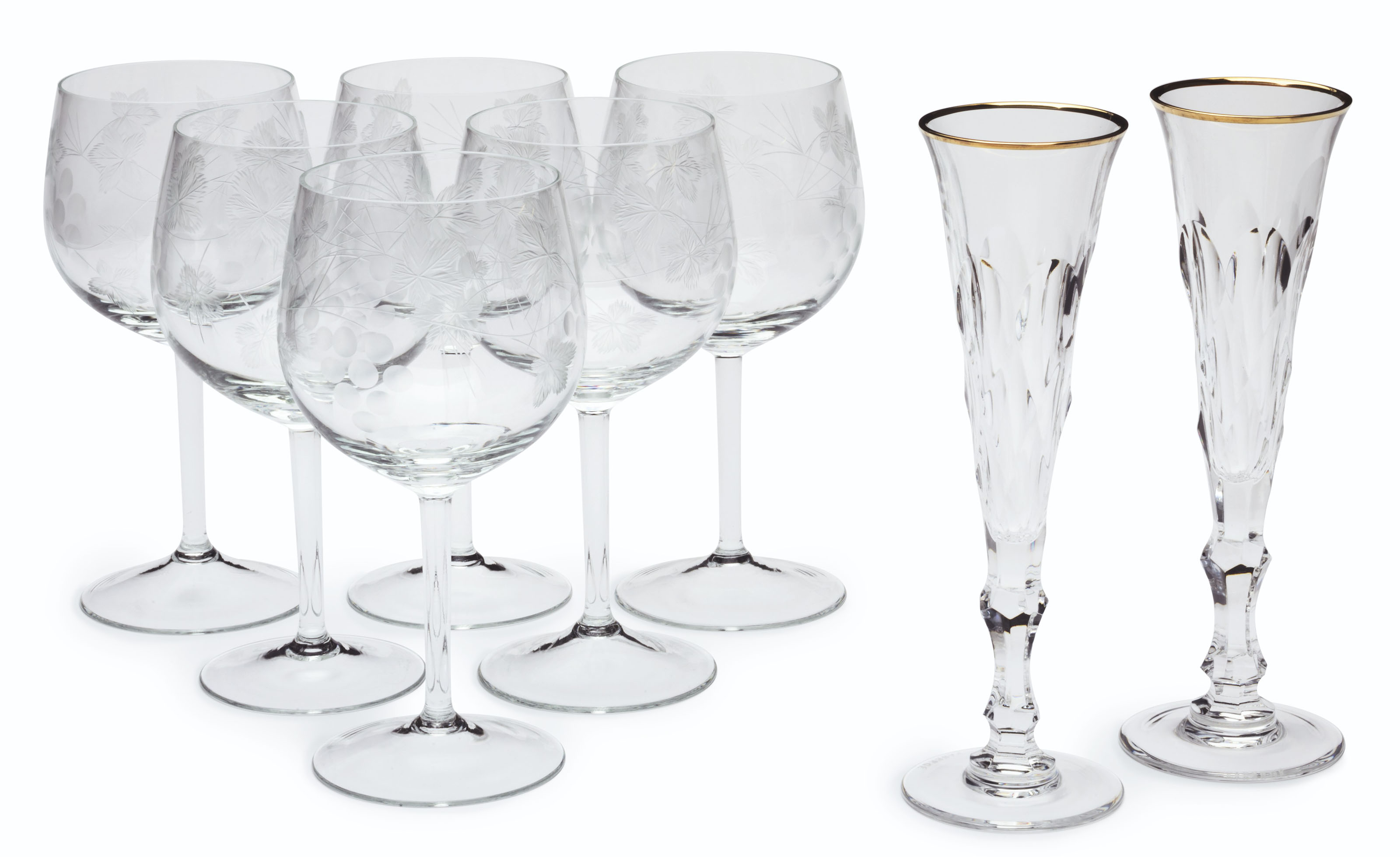 A PAIR OF FABERGE CUTGLASS CHAMPAGNE FLUTES AND A SET OF SIX ETCHED