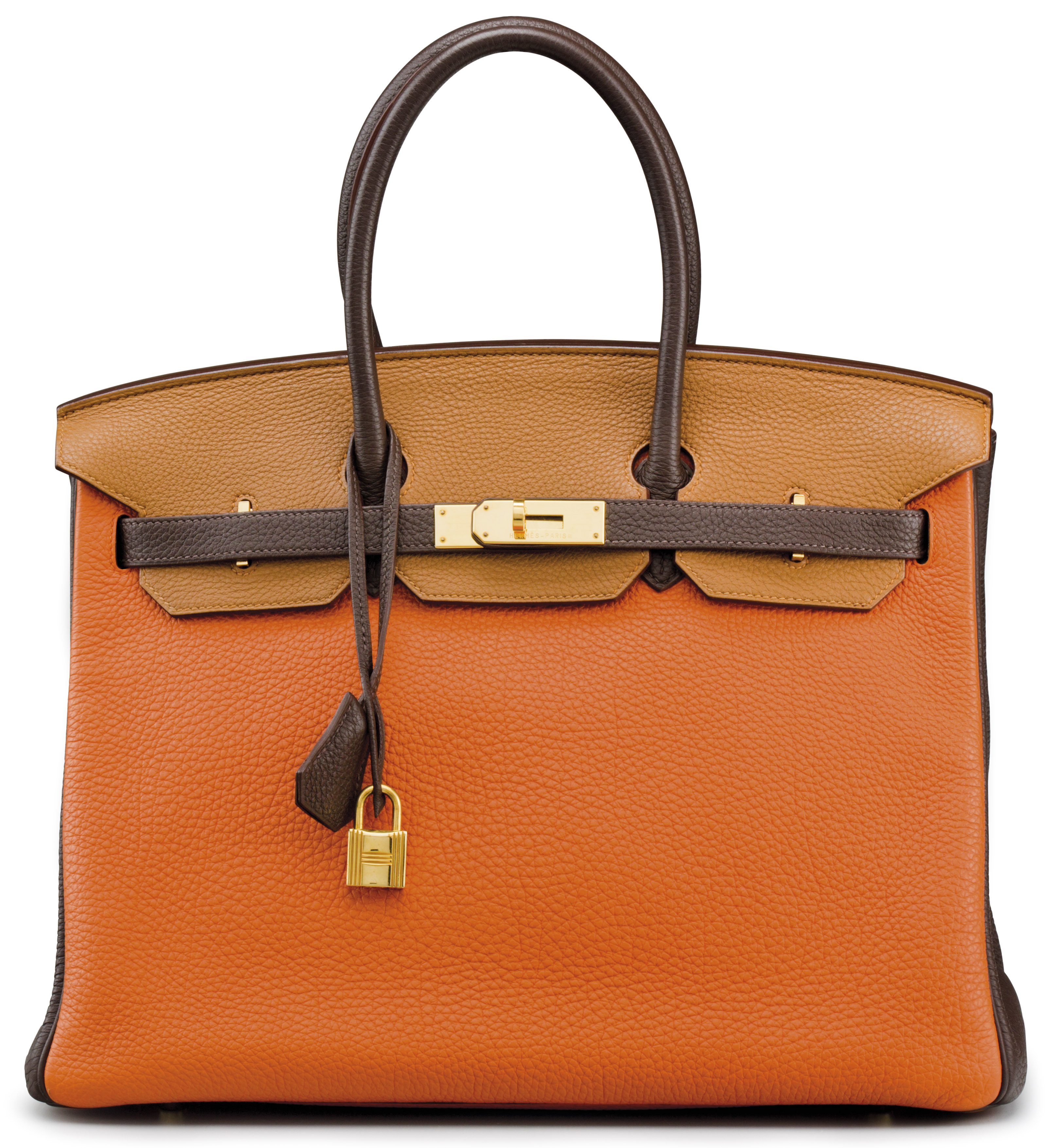 A SPECIAL ORDER HORSESHOE ORANGE H, GOLD & CHOCOLATE TOGO LEATHER