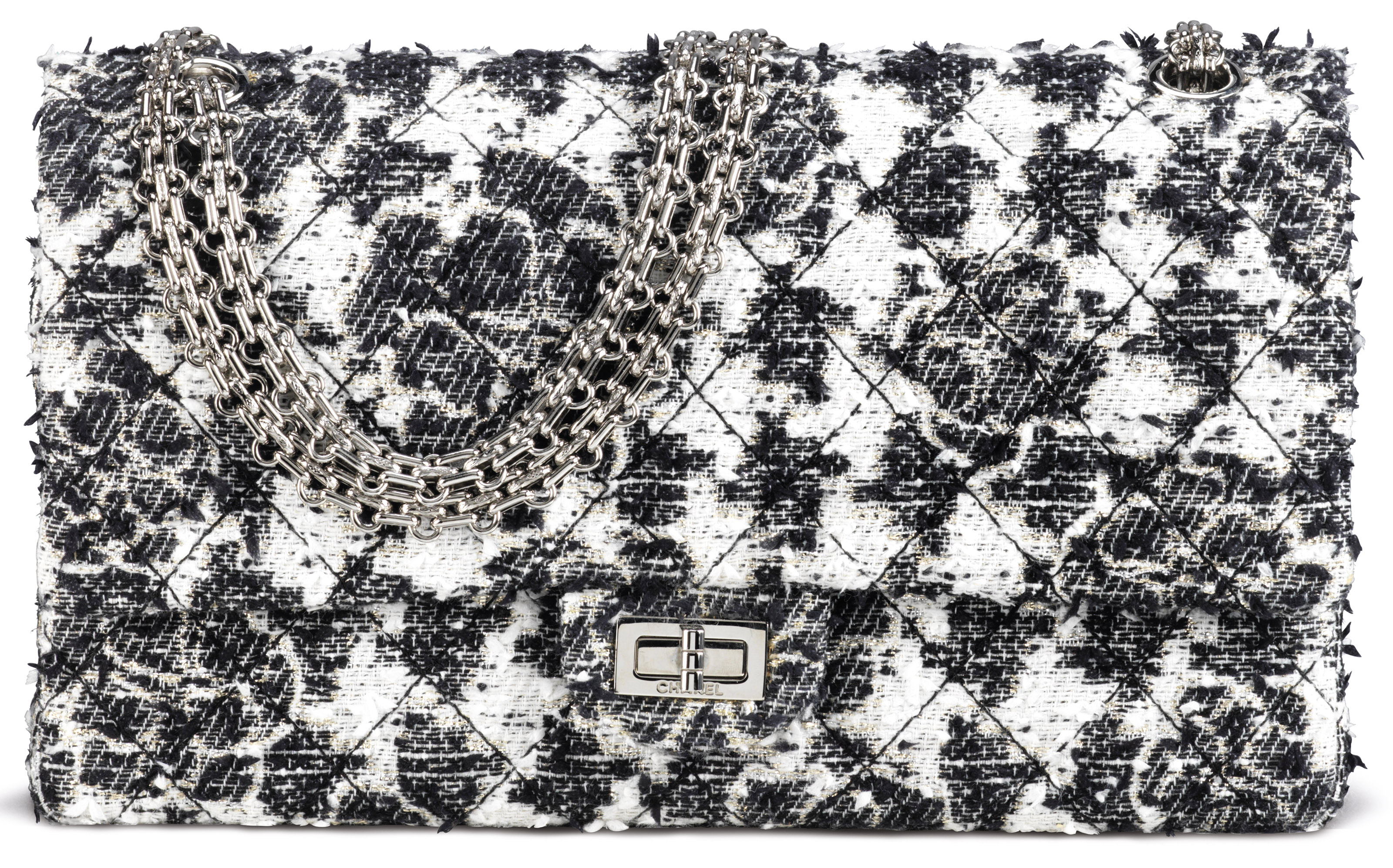 A METALLIC BLACK WHITE TWEED MEDIUM DOUBLE FLAP BAG, CHANEL