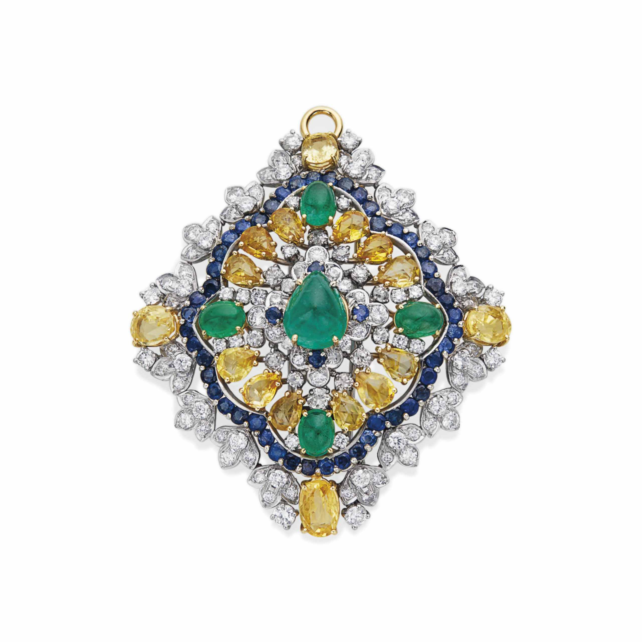 PENDENTIF ÉMERAUDES, SAPHIRS, SAPHIRS DE COULEUR ET DIAMANTS, PAR DAVID