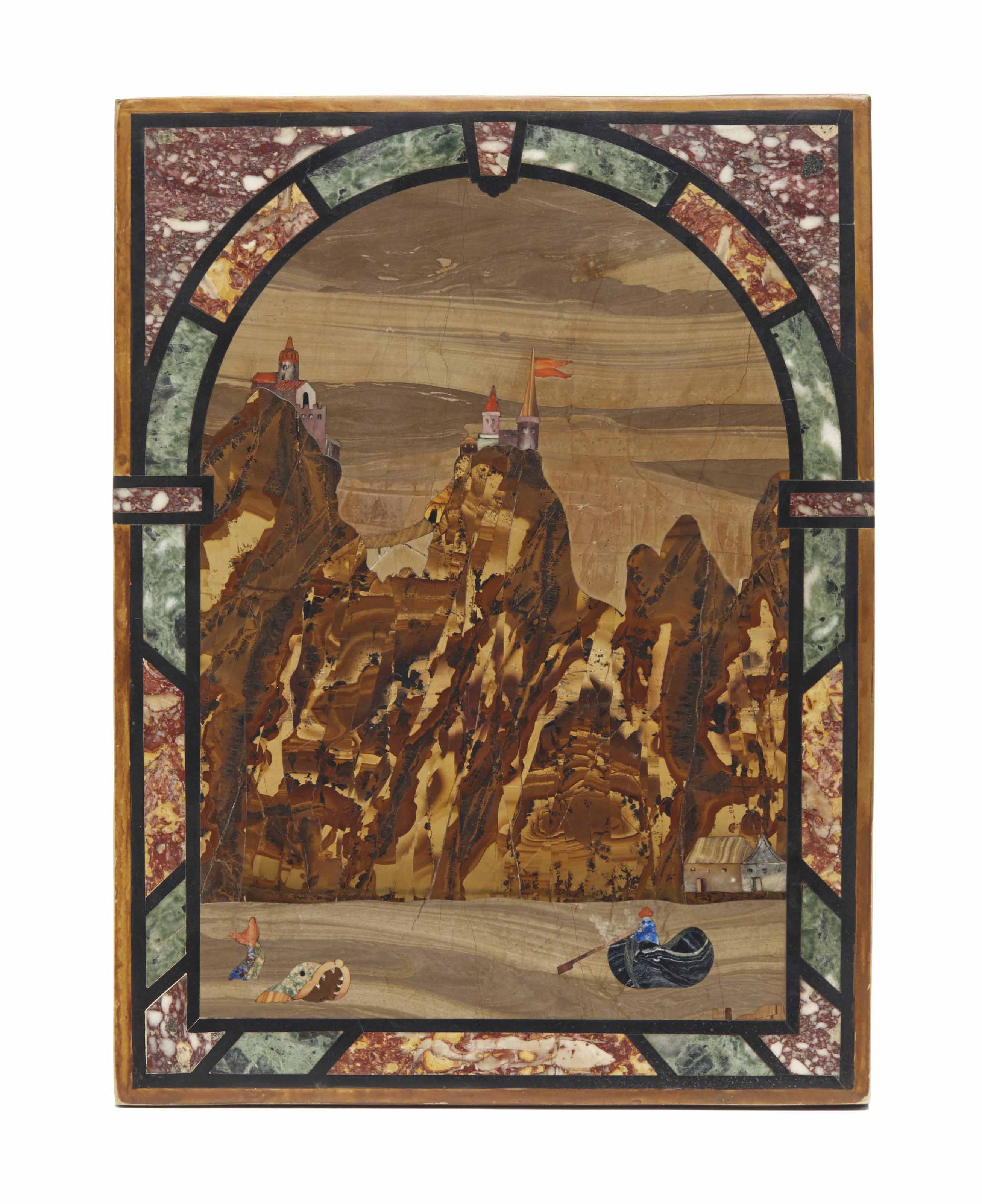 Plaque En Marbre D Albarese Et Pierre Dure Representant Un Paysage Alpin Italie Probablement Florence Probablement Du Xviiieme Siecle Sculptures Statues Figures Hardstone Christie S