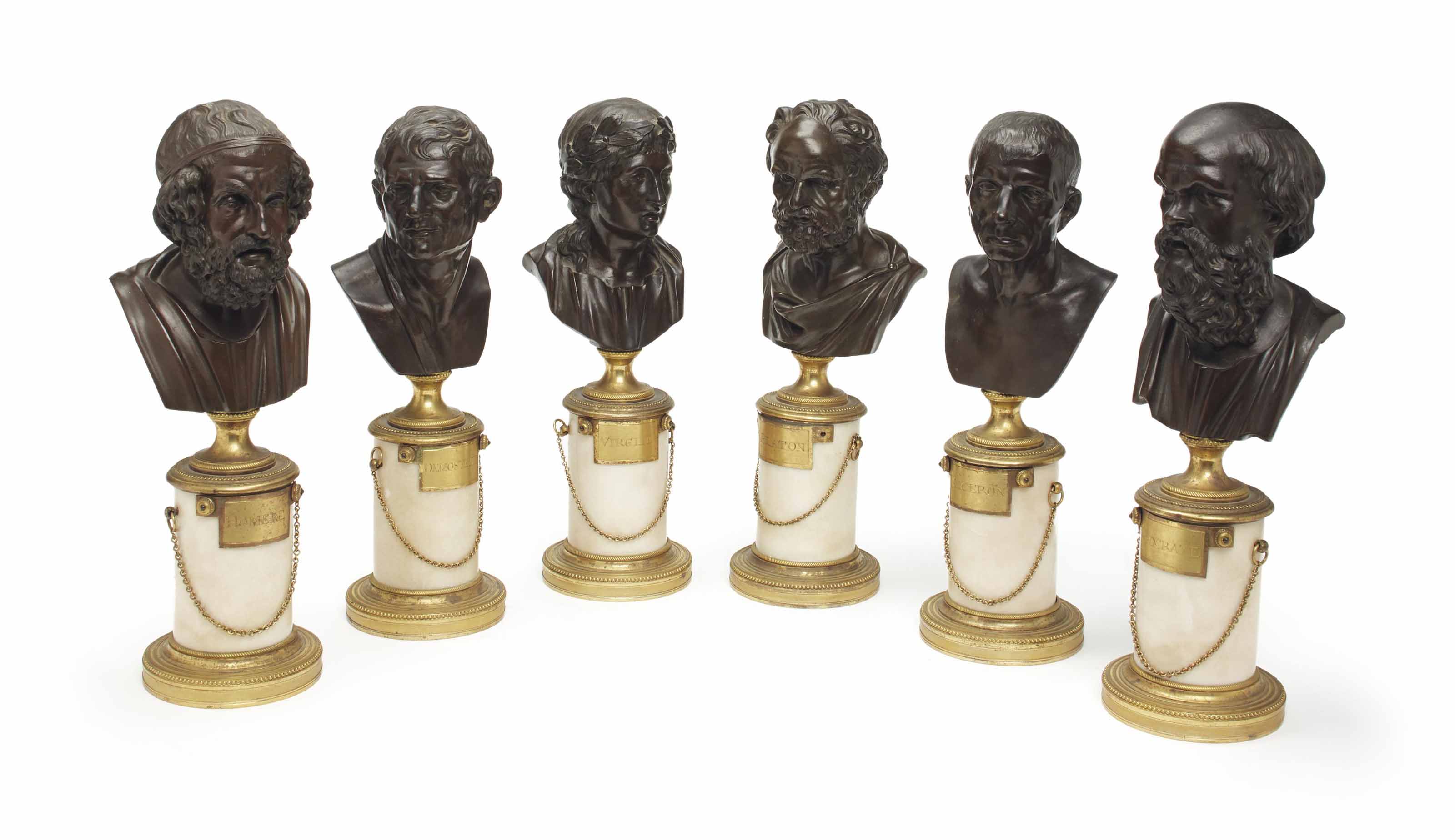 ENSEMBLE DE SIX BUSTES EN BRONZE REPRESENTANT DES PHILOSOPHES , FRANCE