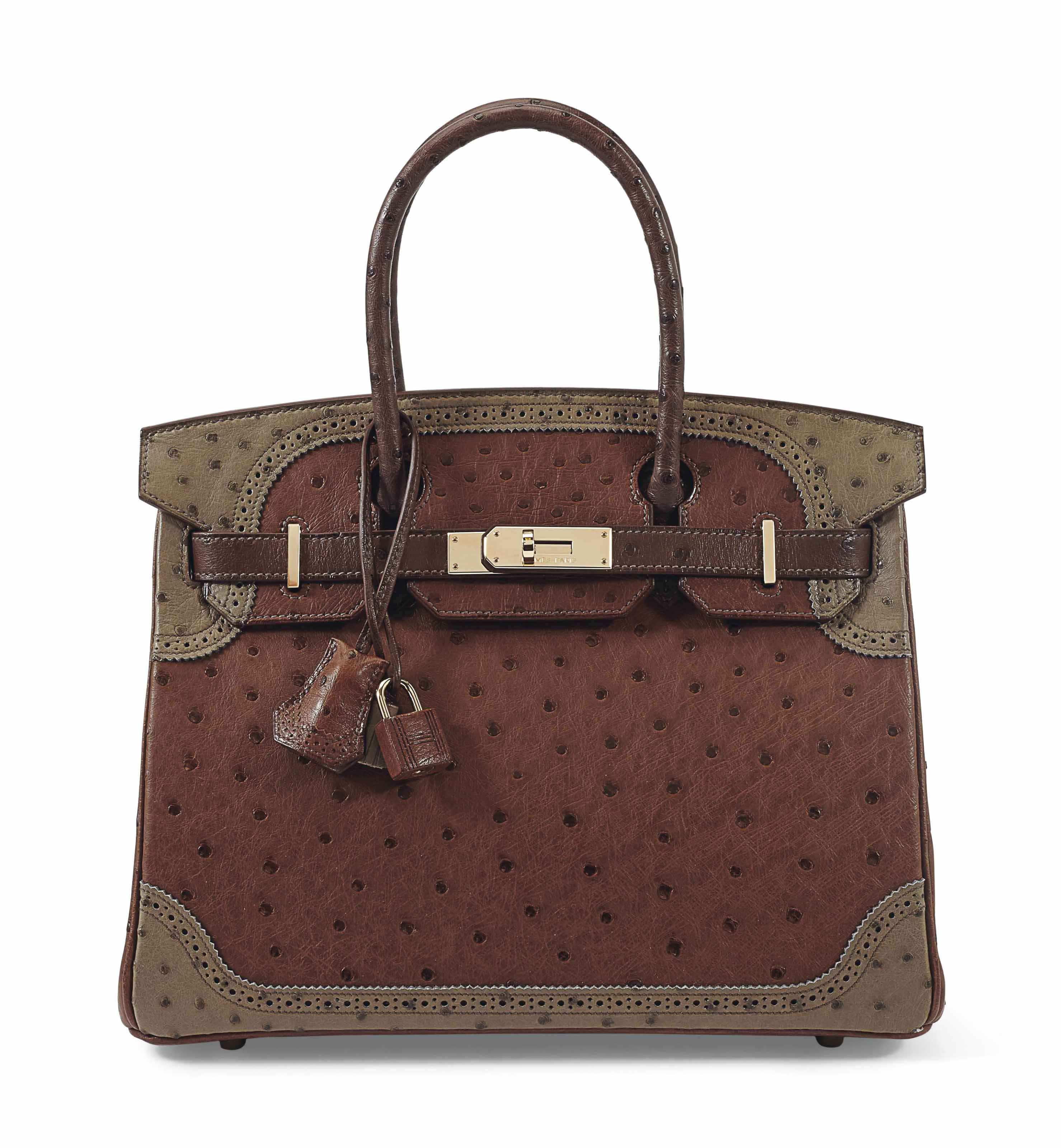 SAC BIRKIN GHILLIES 30 EN AUTRUCHE ??TRUSQUE, MOUSSE & MARRON FONC??, GARNITURE EN M??TAL CUIVR?? 