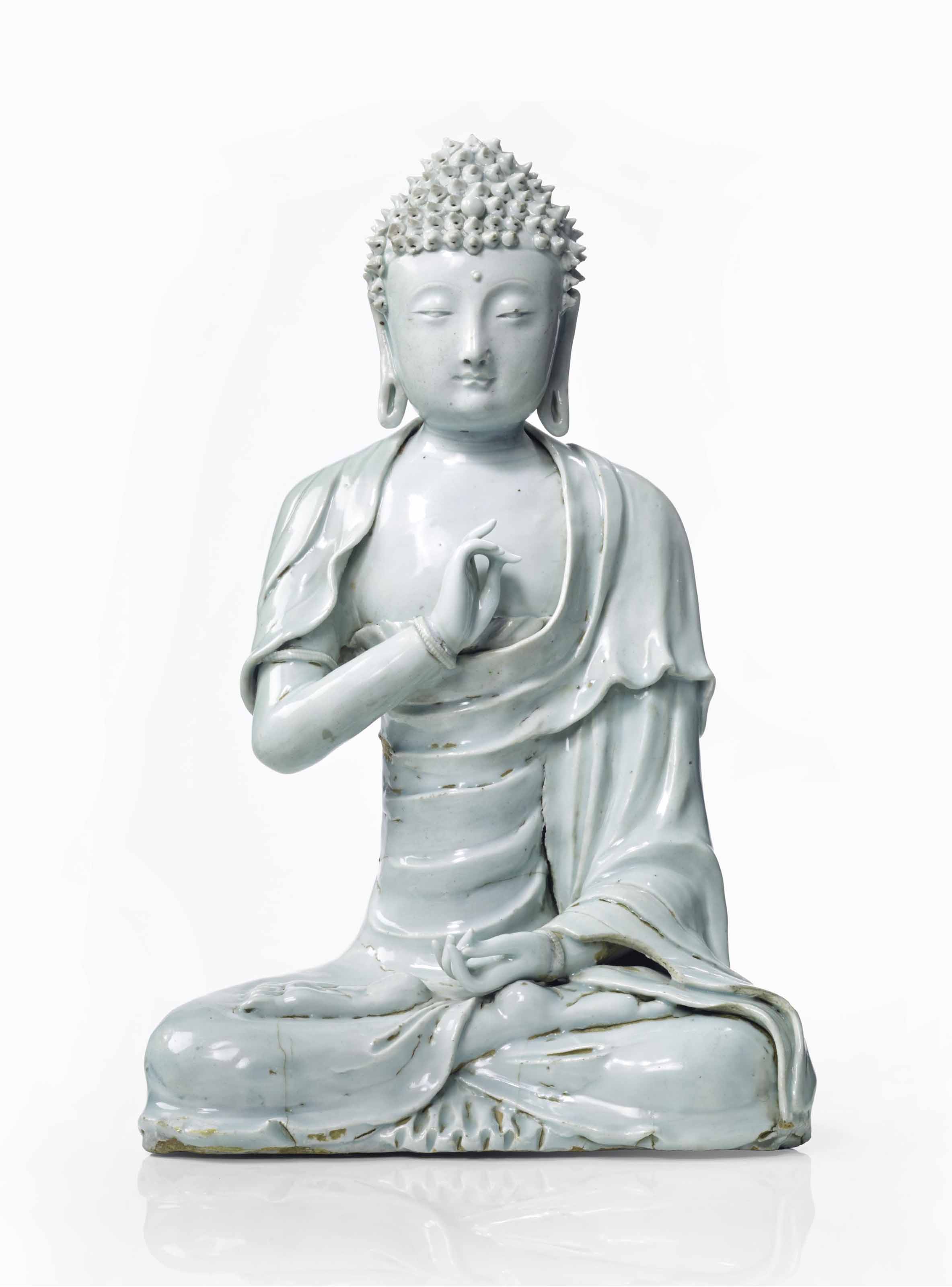 Rare Et Importante Statue De Bouddha Shakyamuni En Porcelaine Qingbai