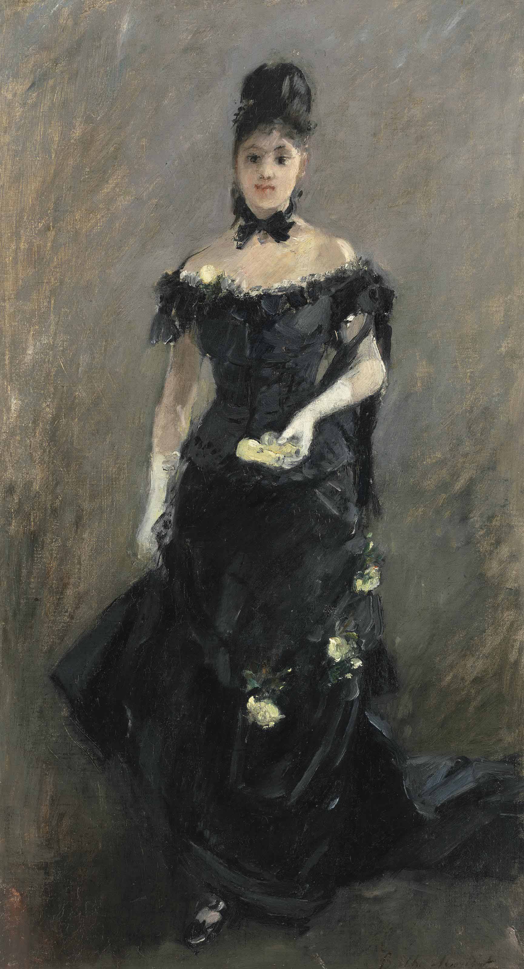 Berthe Morisot (1841-1895), Femme en noir or Avant le th&eacute;&acirc;tre, 1875. Oil on canvas. 22⅝ x 12⅛ in (57.3 x 30.7 cm). Sold for &pound;2,045,000 on 28 February 2017 at Christie&rsquo;s in London