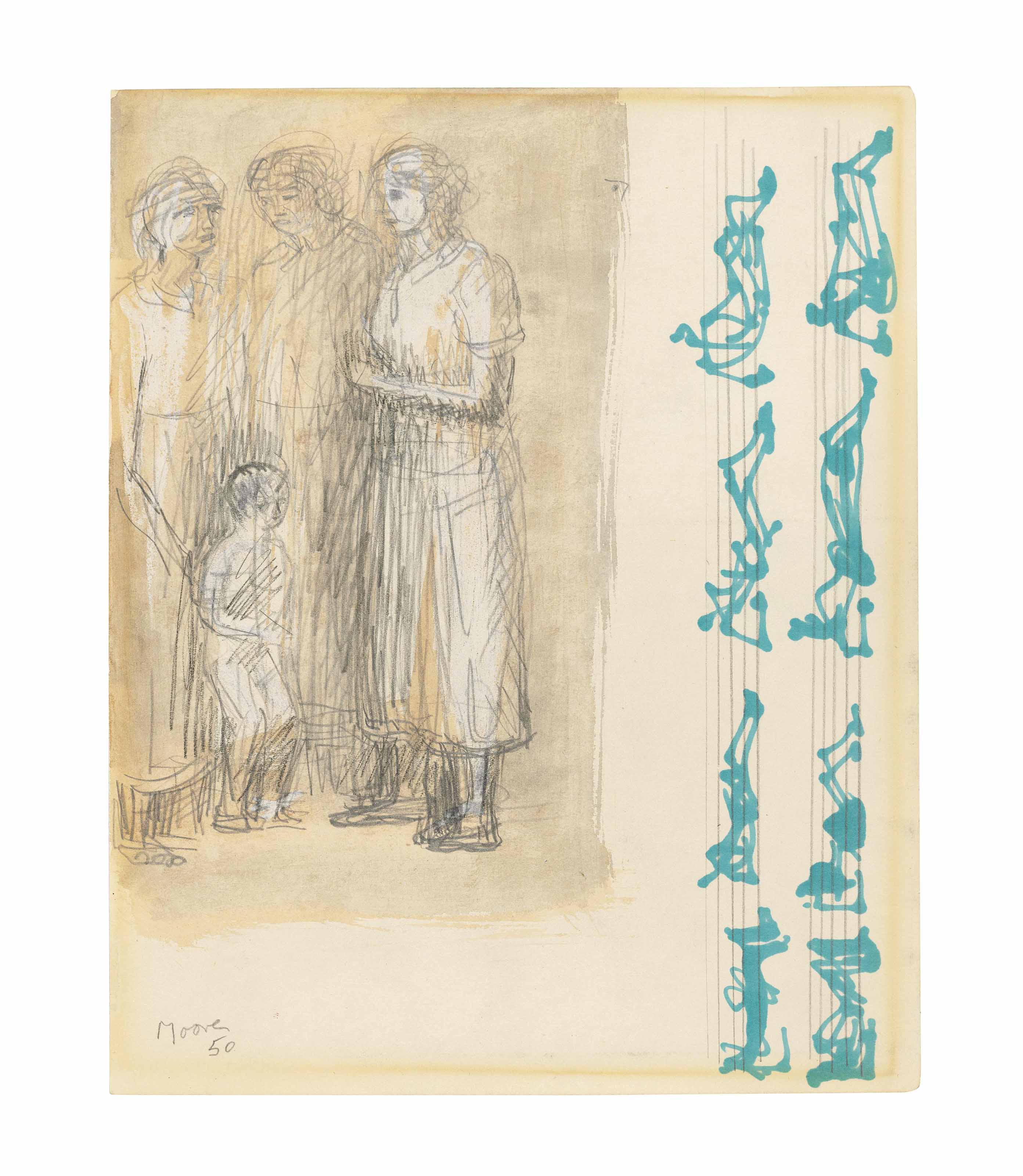Three women with a child and reclining figures on music lines 