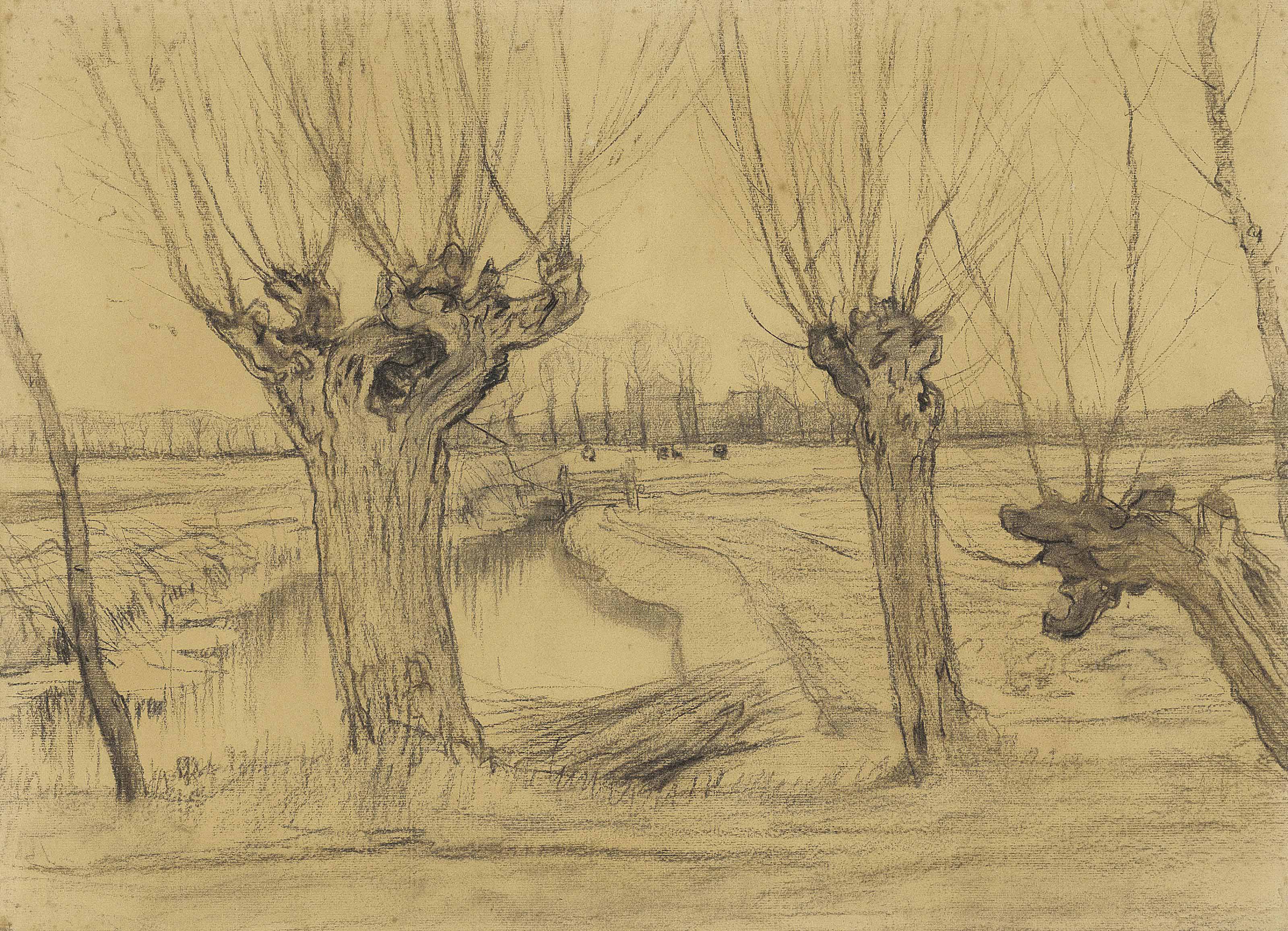 Three Pollarded Willows, Irrigation Ditch and Farmstead in the Distance