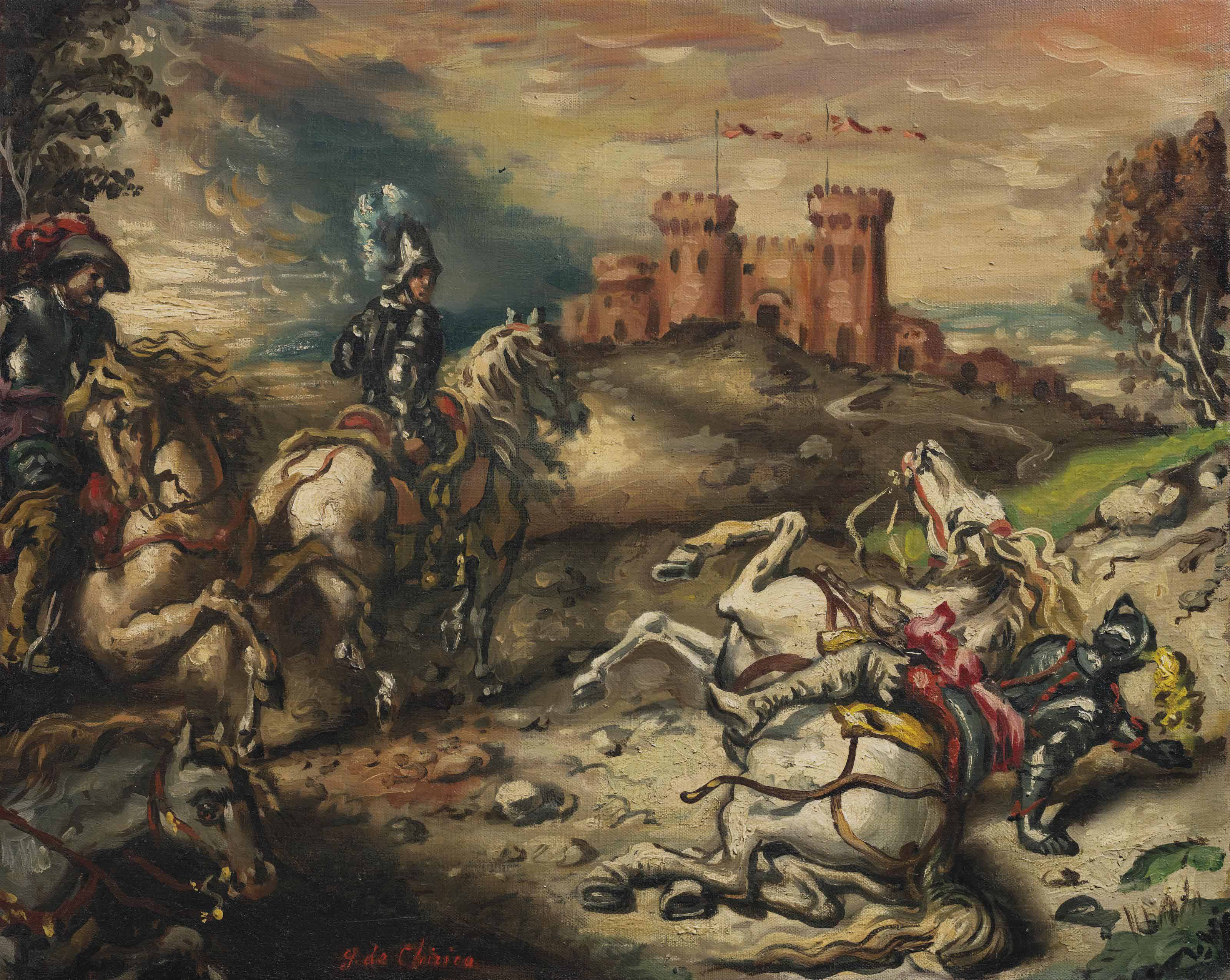 Cavalli e cavalieri presso un castello