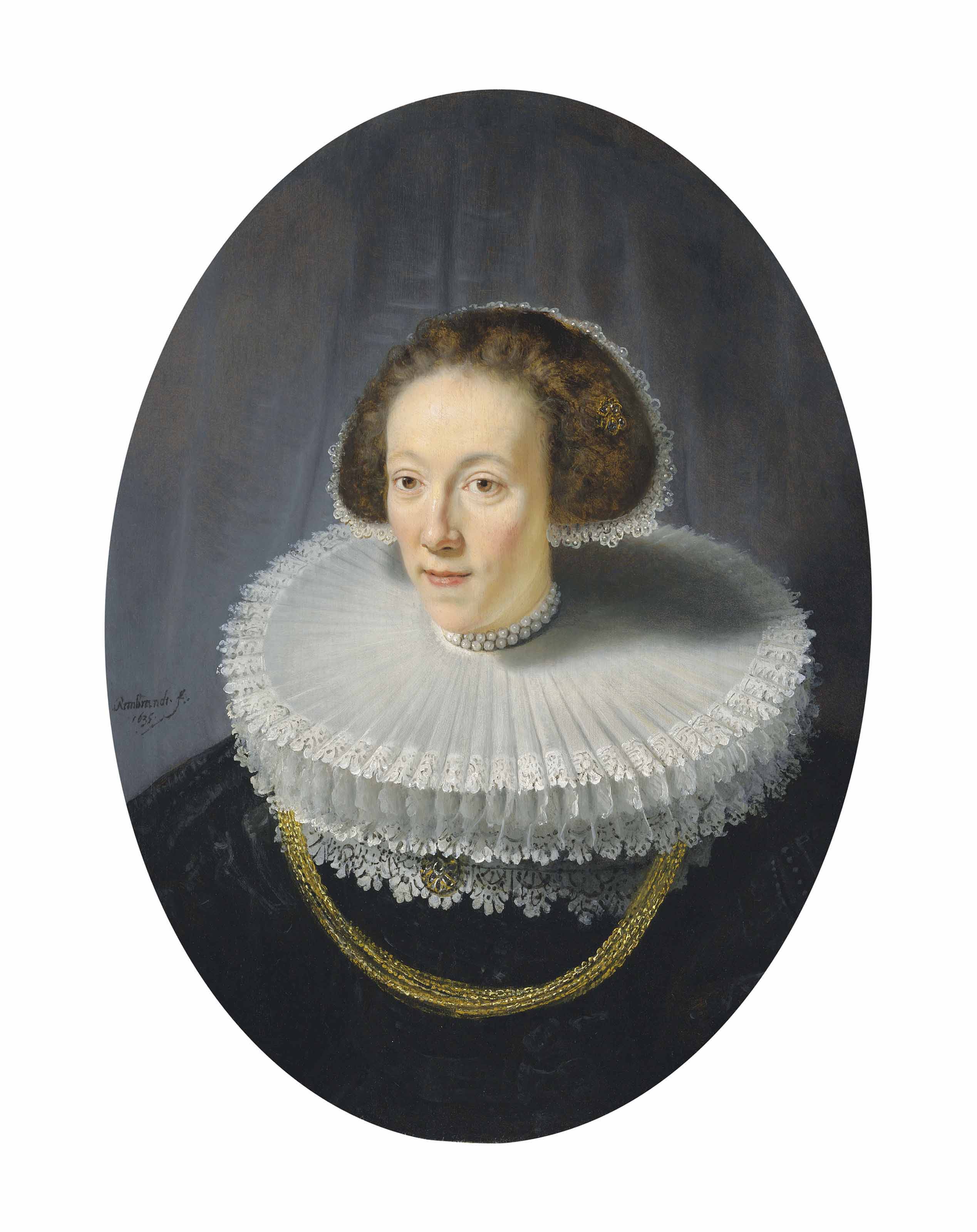 Portrait of Petronella Buys (1610-1670), bust-length, in a brocaded black gown, bobin lace-trimmed double cartwheel ruff and pearled diadem cap