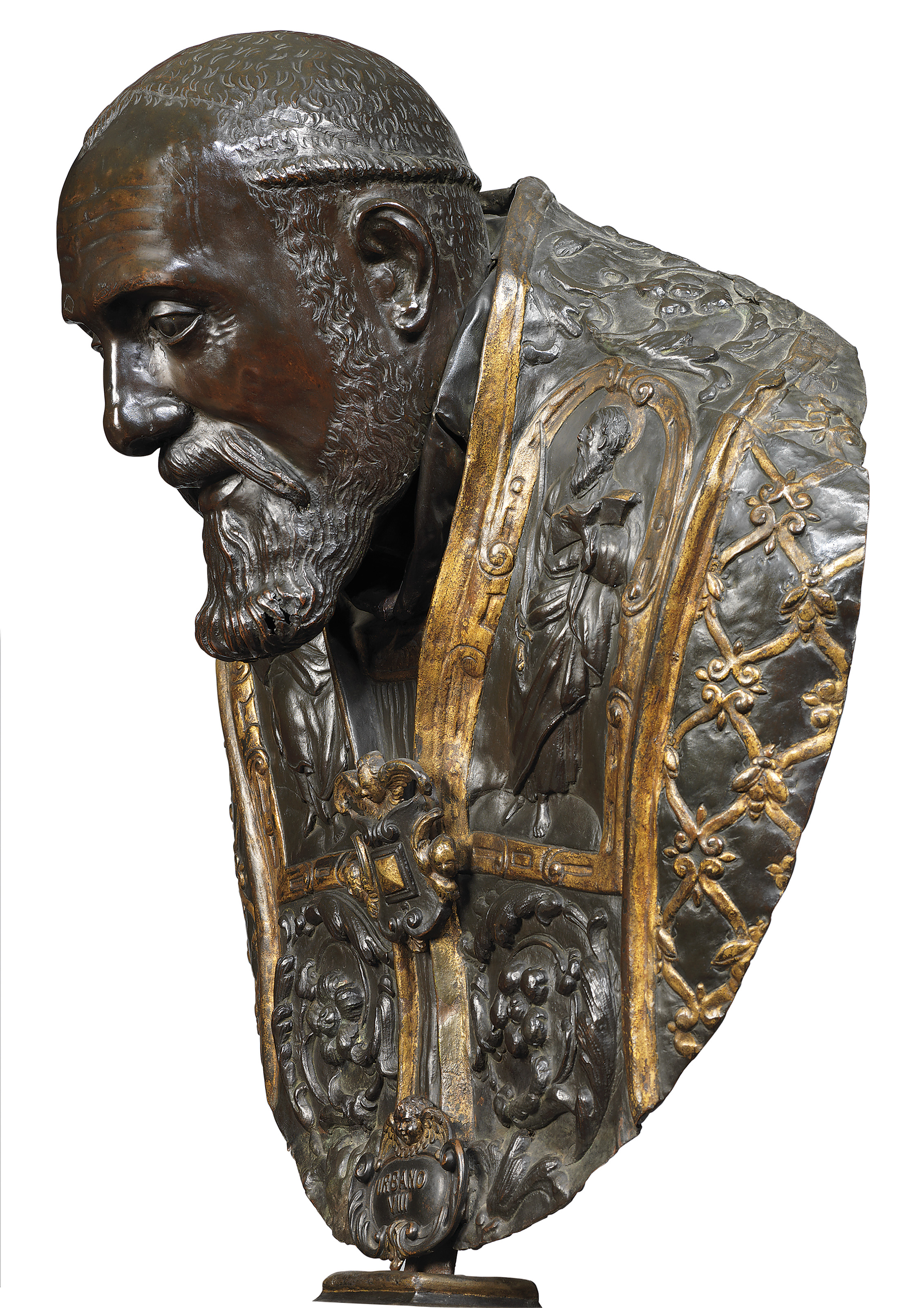 A REPOUSSE PARCELGILT COPPER BUST OF POPE URBAN VIII , OF