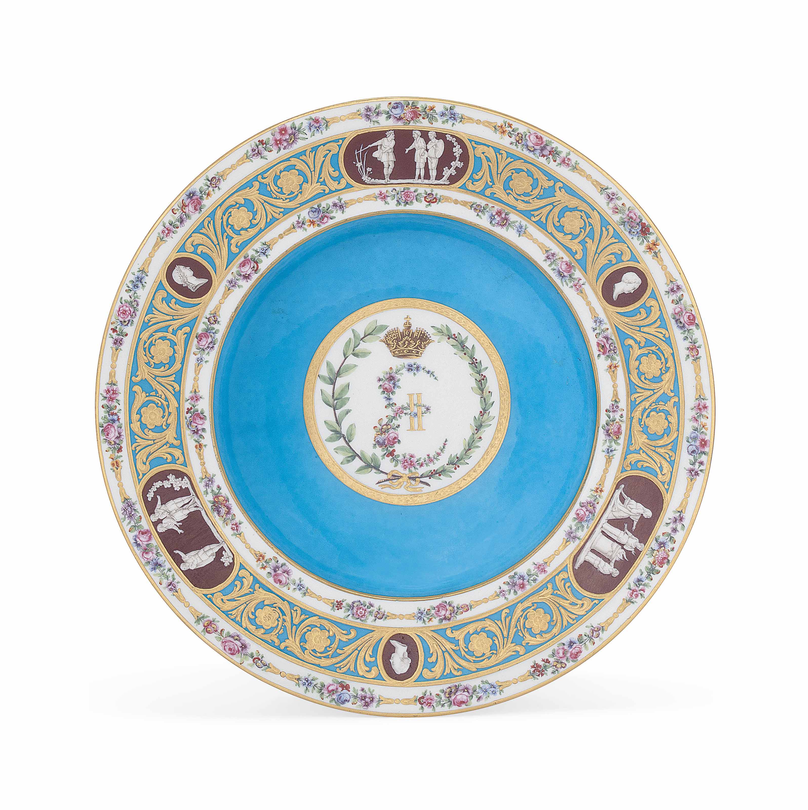 A S&egrave;vres&nbsp;bleu celeste-ground soup-plate from the Catherine the Great service, 1778, blue interlaced L mark enclosing date letters AA, iron-red gilder's mark 2000 for Henry-Fran&ccedil;ois Vincent, the reverse applied with various printed and script collection and exhibition labels. 26.6  cm (10&frac12;  in)  diam. Sold for &pound;137,000 on 4 July 2017  at Christie&rsquo;s in London