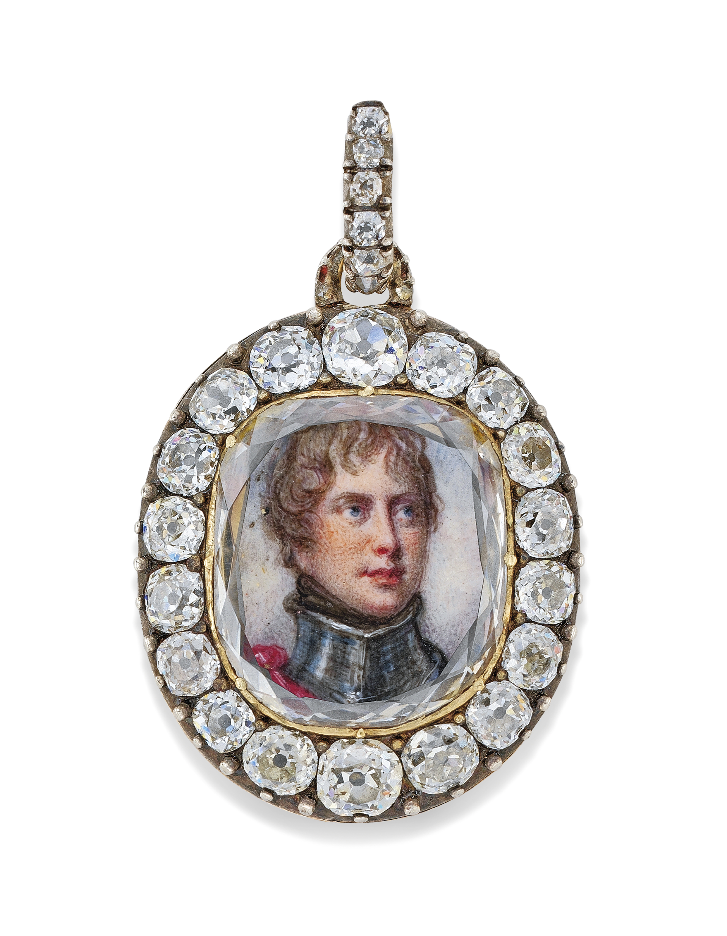 The Maria Fitzherbert Jewel, a diamond-glazed locket containing a portrait of King George IV when Prince of Wales, circa 1800. The portrait diamond measures 17 x 15 x 0.9 mm