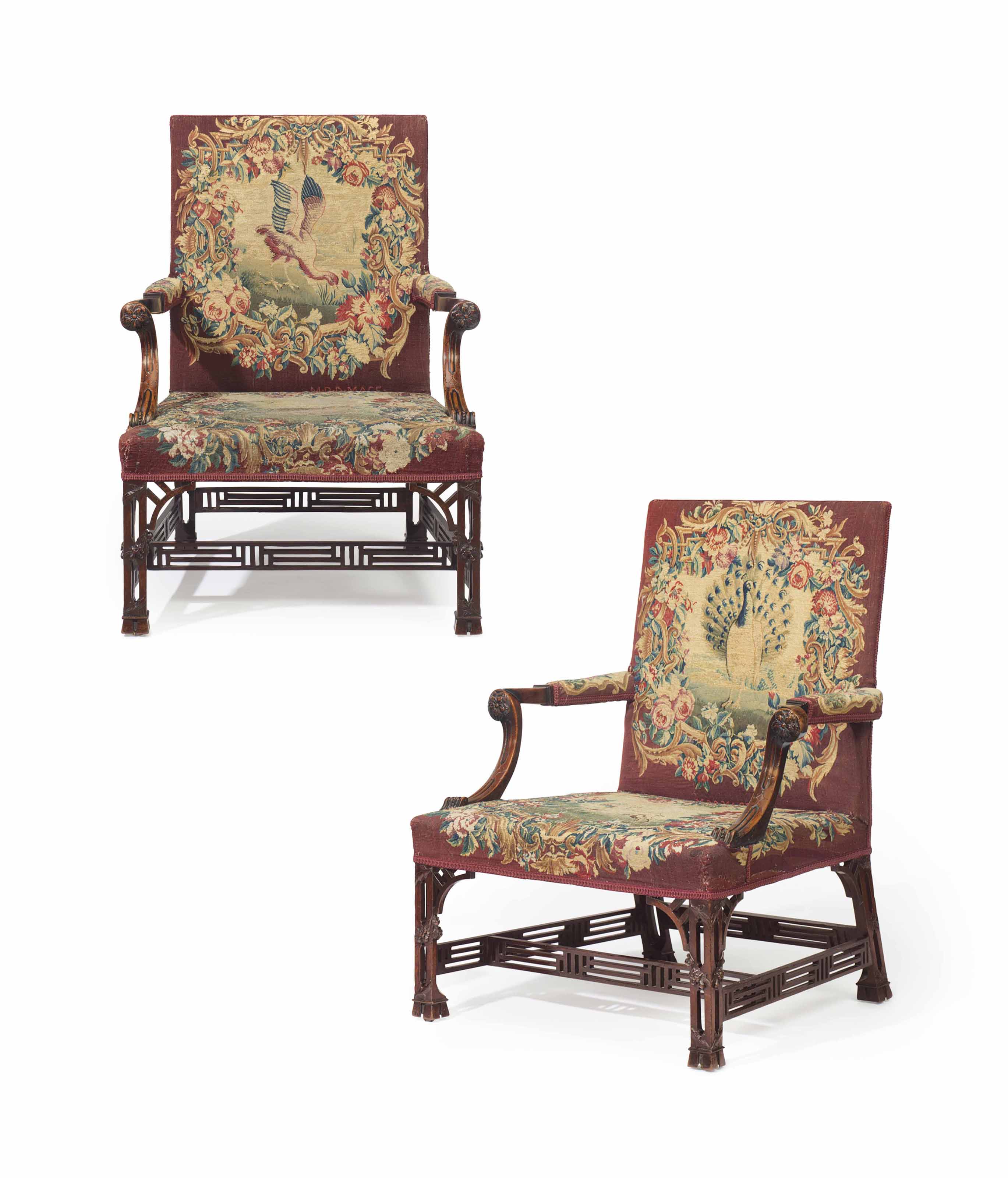 A Pair Of George Ii Mahogany Library Armchairs With Aubusson