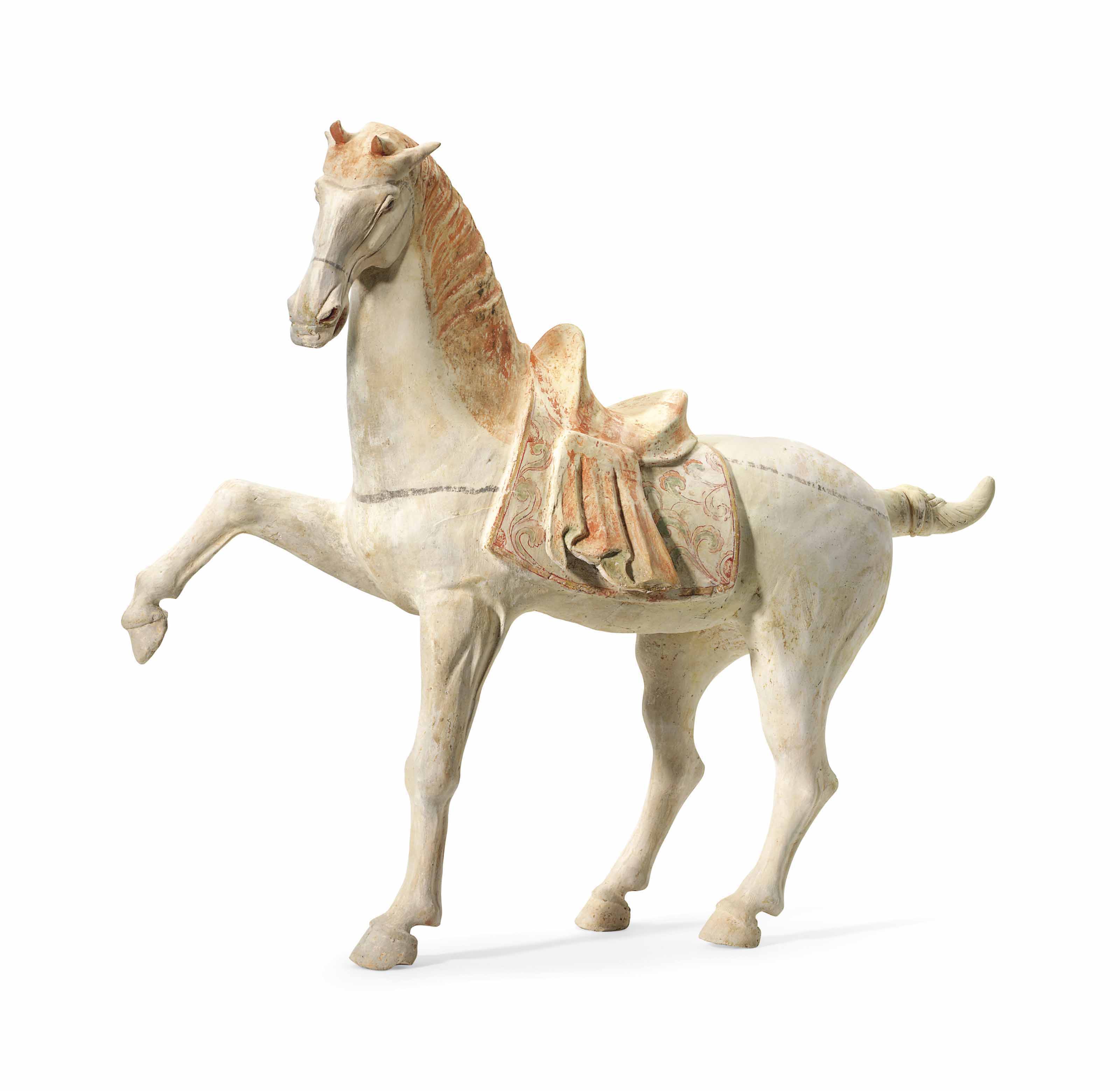 A LARGE PAINTED POTTERY FIGURE OF A HORSE , TANG DYNASTY (618907