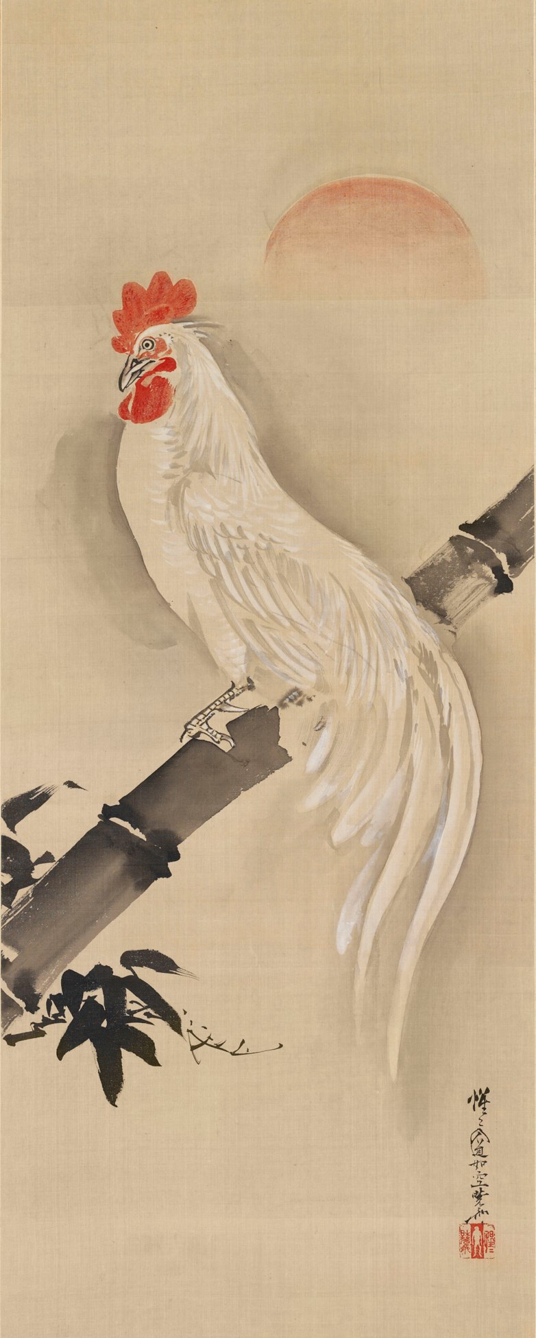 KAWANABE KYOSAI (1831–1889), COCKEREL ON A BAMBOO BRANCH AT DAWN ...