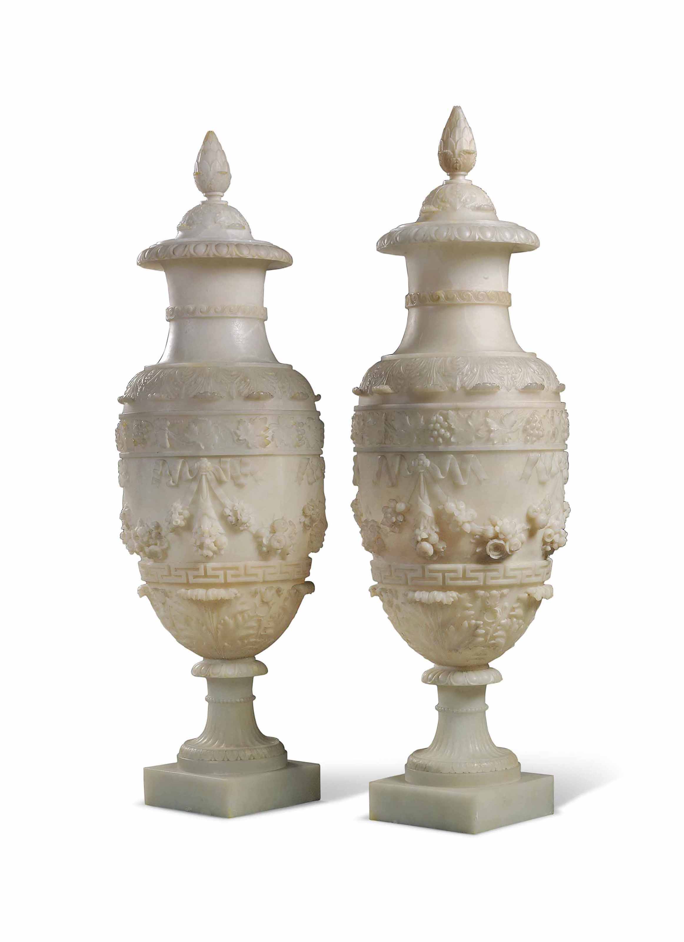 A PAIR OF LARGE ITALIAN ALABASTER VASES AND COVERS , LAST QUARTER 19TH