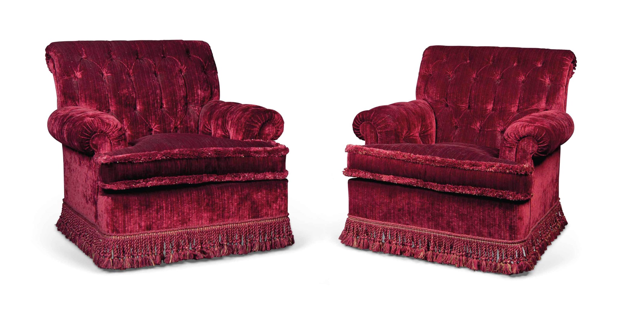 A PAIR OF BURGUNDY BUTTONED VELVET EASY ARMCHAIRS, SUPPLIED BY FEDERICO