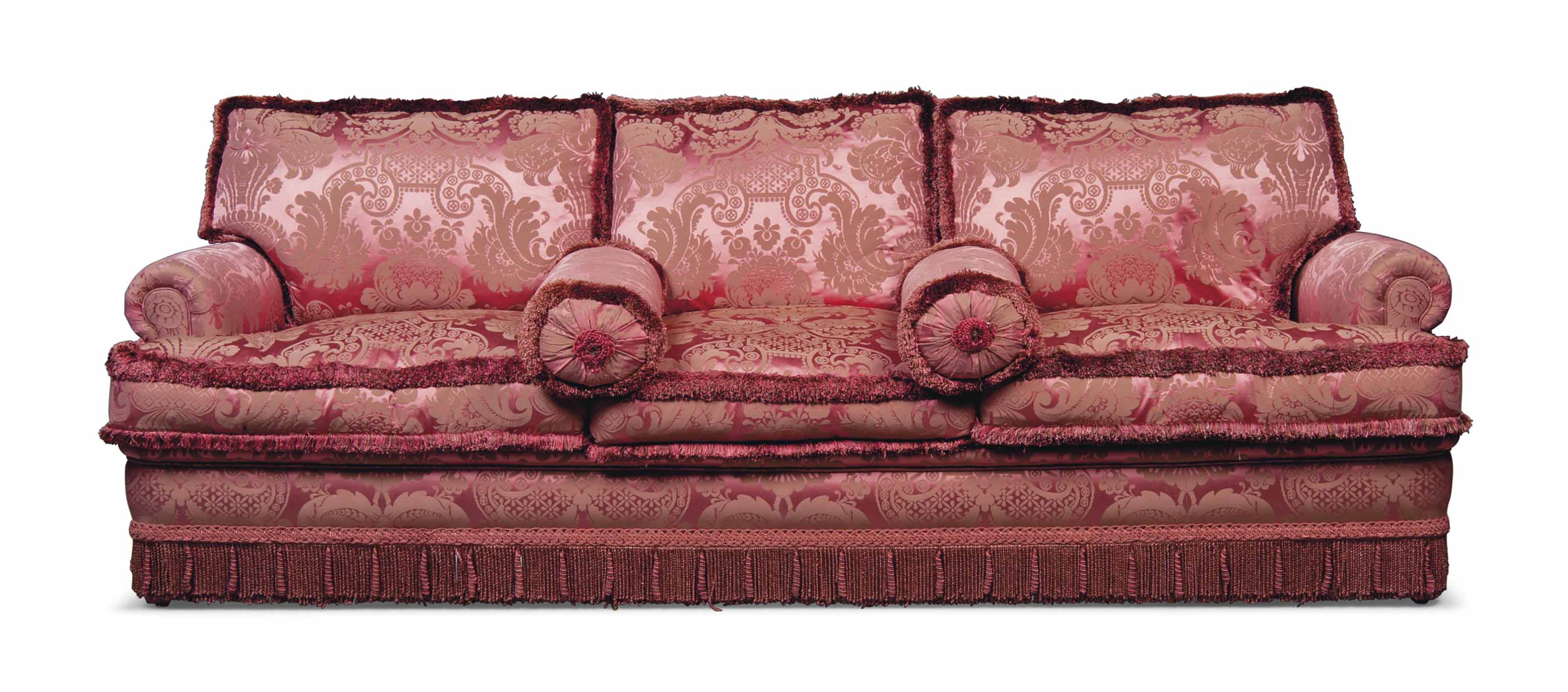 A Red Floral Damask Silk Three Seat Sofa Supplied By Jacques