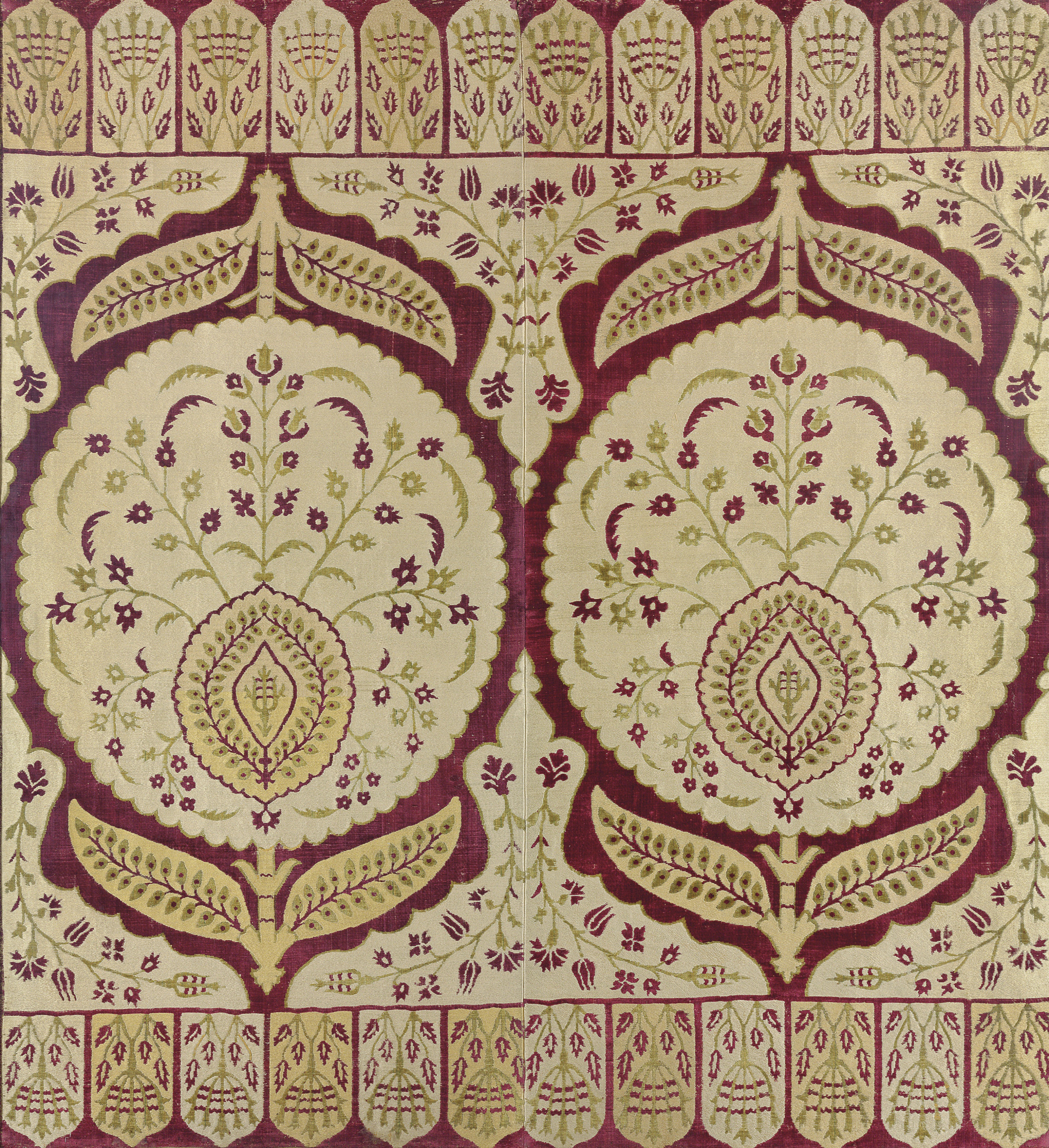 An impressive Ottoman velvet panel, Ottoman Turkey, 17th century. Dimensions: 55 x 49 in (139.7 x 124.5 cm); framed 58⅕ x 54 in (148 x 137 cm). Sold for &pound;413,000 on 27 April 2017 at Christie&rsquo;s in London