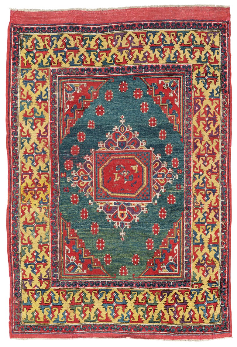 Batı Anadolu Ghirlandaio halısı, 17. yüzyıldan kalma.  6 ft 11 inç x 4 ft 8 inç (210 cm x 141 cm) kilim dahil.  Londra'daki Christie's'de 26 Ekim 2017'de 50.000 £ 'a satıldı