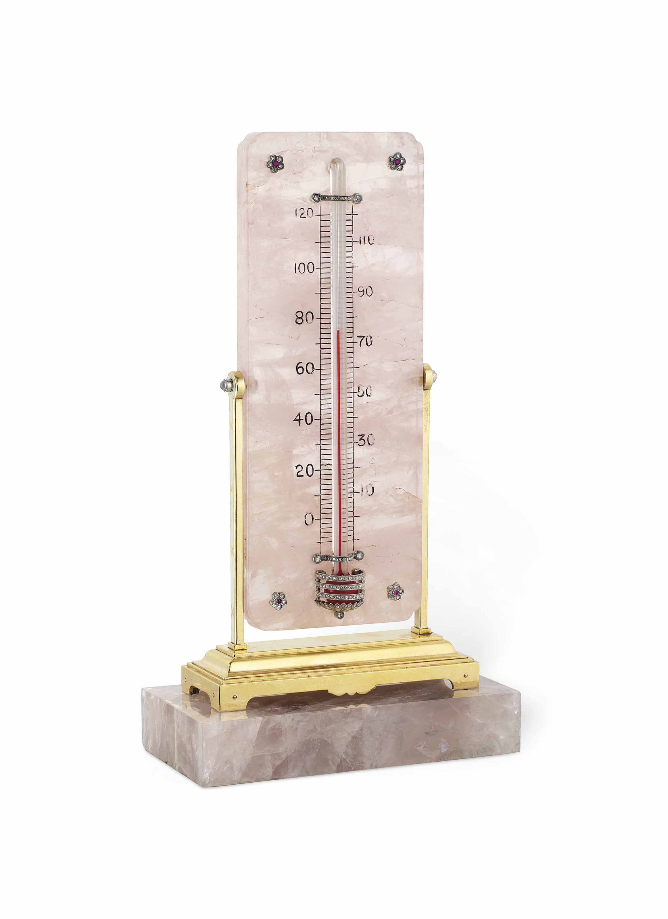 AN EARLY 20TH CENTURY ROSE QUARTZ AND GEMSET THERMOMETER, BY CARTIER