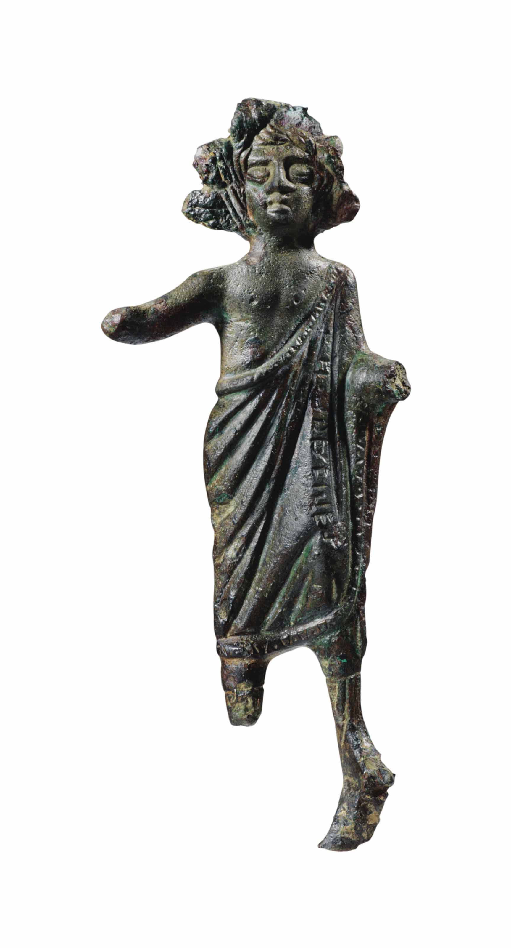 AN ETRUSCAN BRONZE VOTIVE FIGURE WITH INSCRIPTION