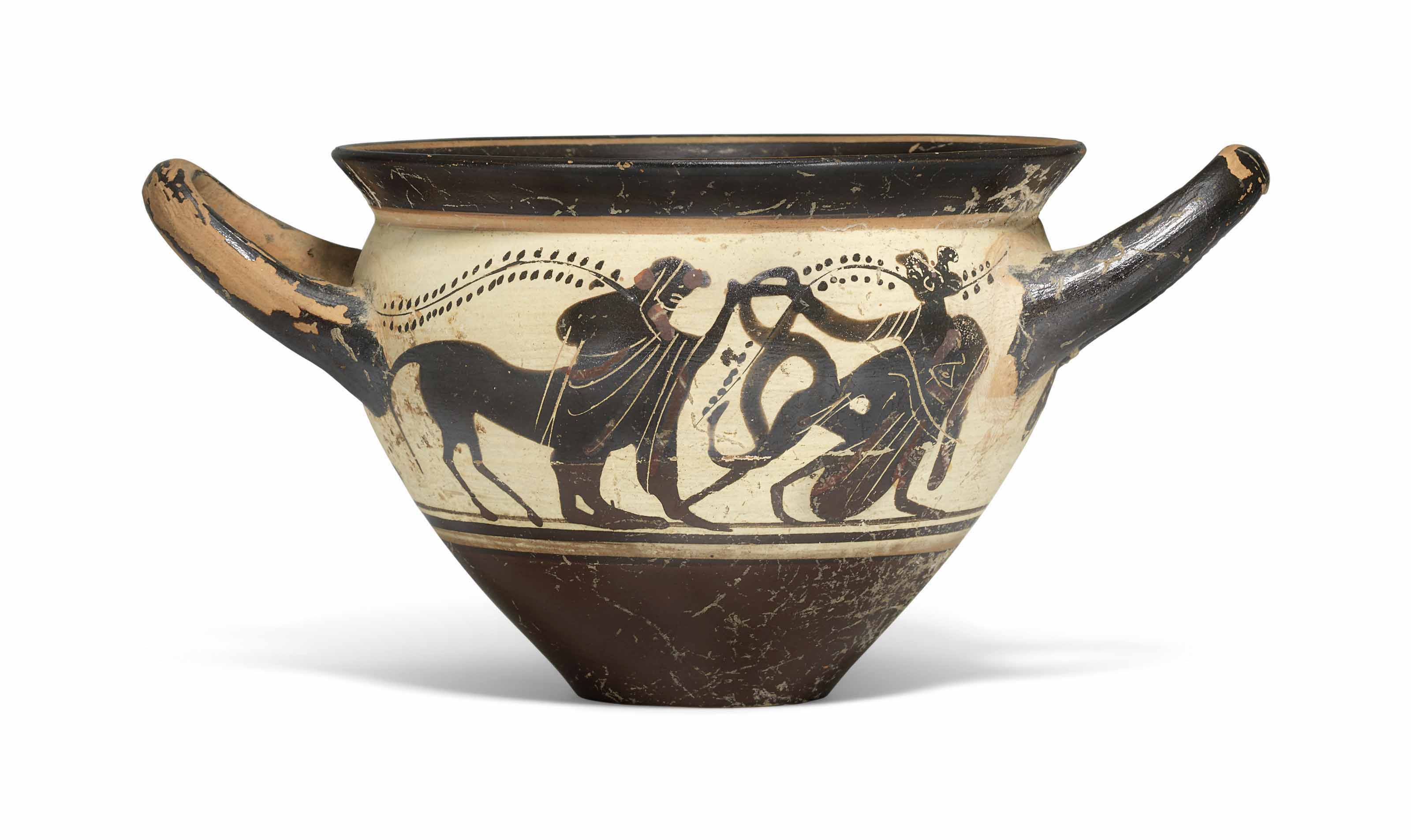 AN ATTIC BLACK-FIGURED WHITE-GROUND MASTOID CUP , CIRCA EARLY 5TH