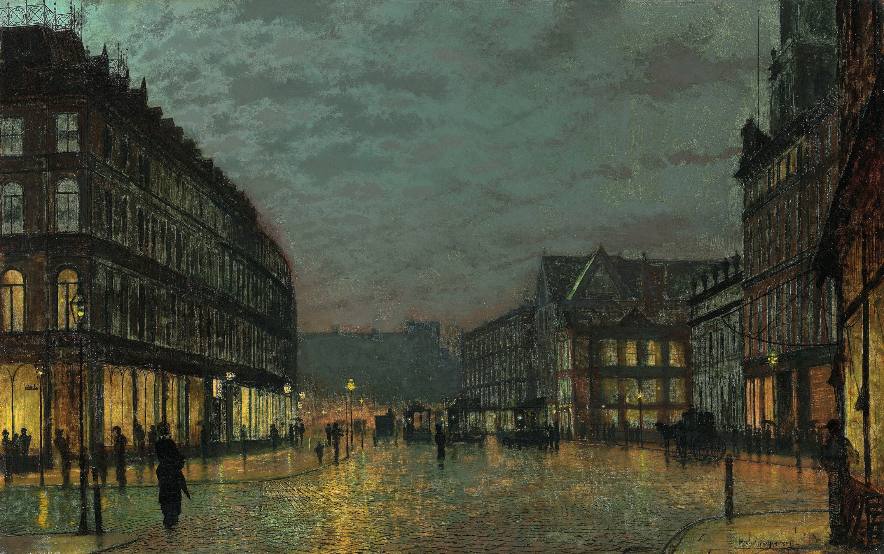 John Atkinson Grimshaw (18361893), Boar Lane, Leeds by lamplight