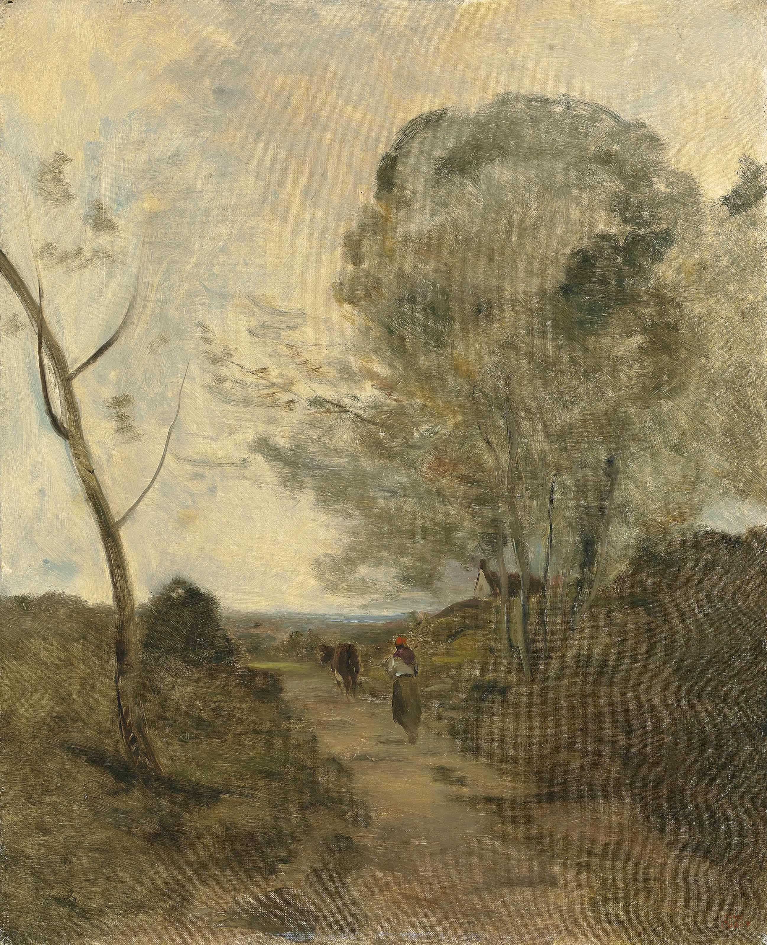 Environs d'Arleux, Paysanne conduisant une vache au pâturage, effet de matin