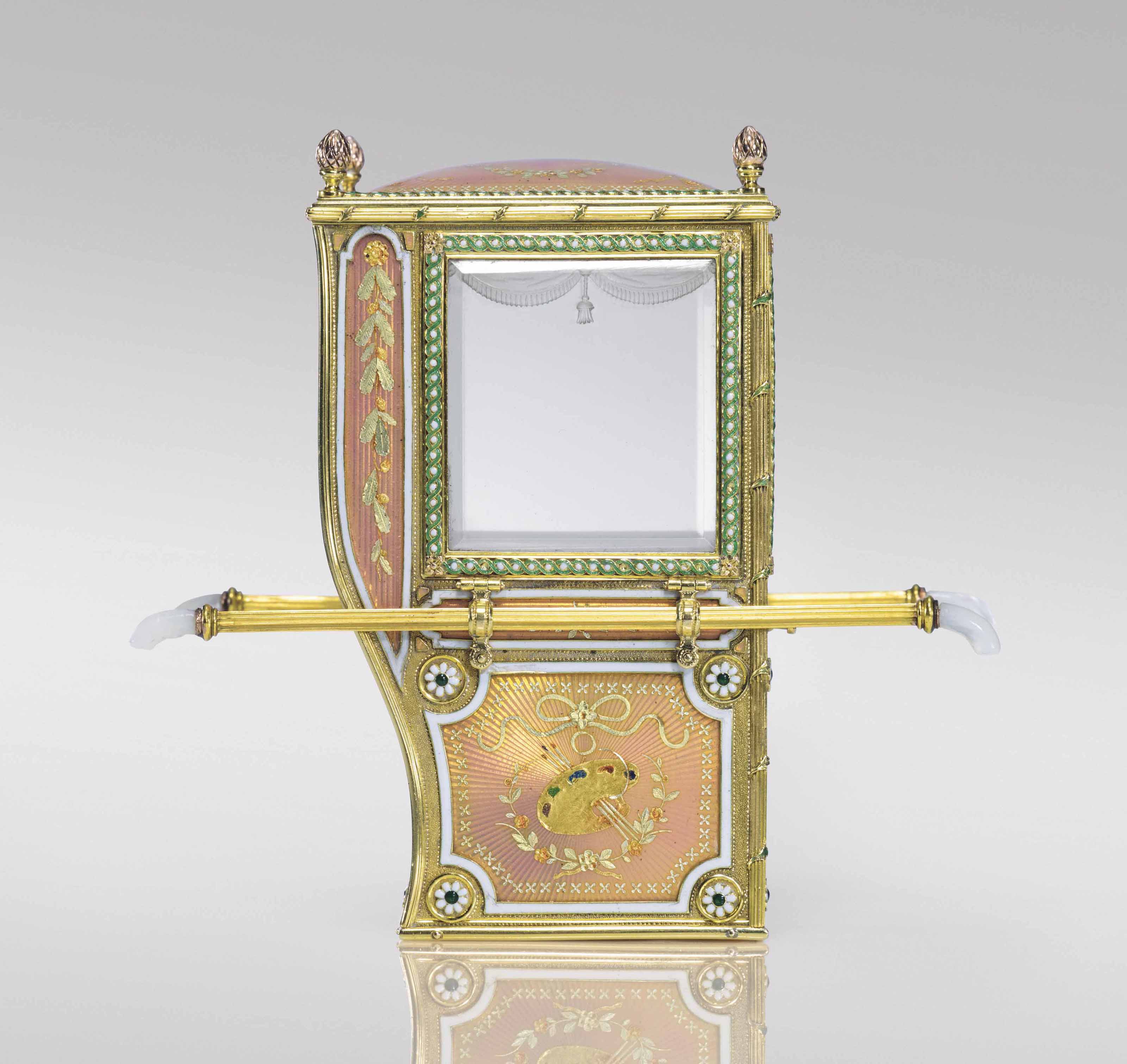 An exceptional and rare guilloch&eacute; enamel and varicolour gold miniature model of a sedan chair marked Faberg&eacute;, 1899-1903. 3&frac12; in (9 cm) high. Sold for &pound;788,750 on 27 November 2017 at Christie&rsquo;s in London