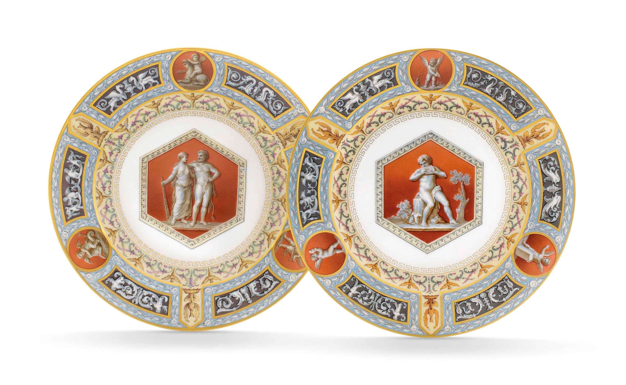 TWO PORCELAIN DINNER PLATES FROM THE RAPHAEL SERVICE, BY THE IMPERIAL