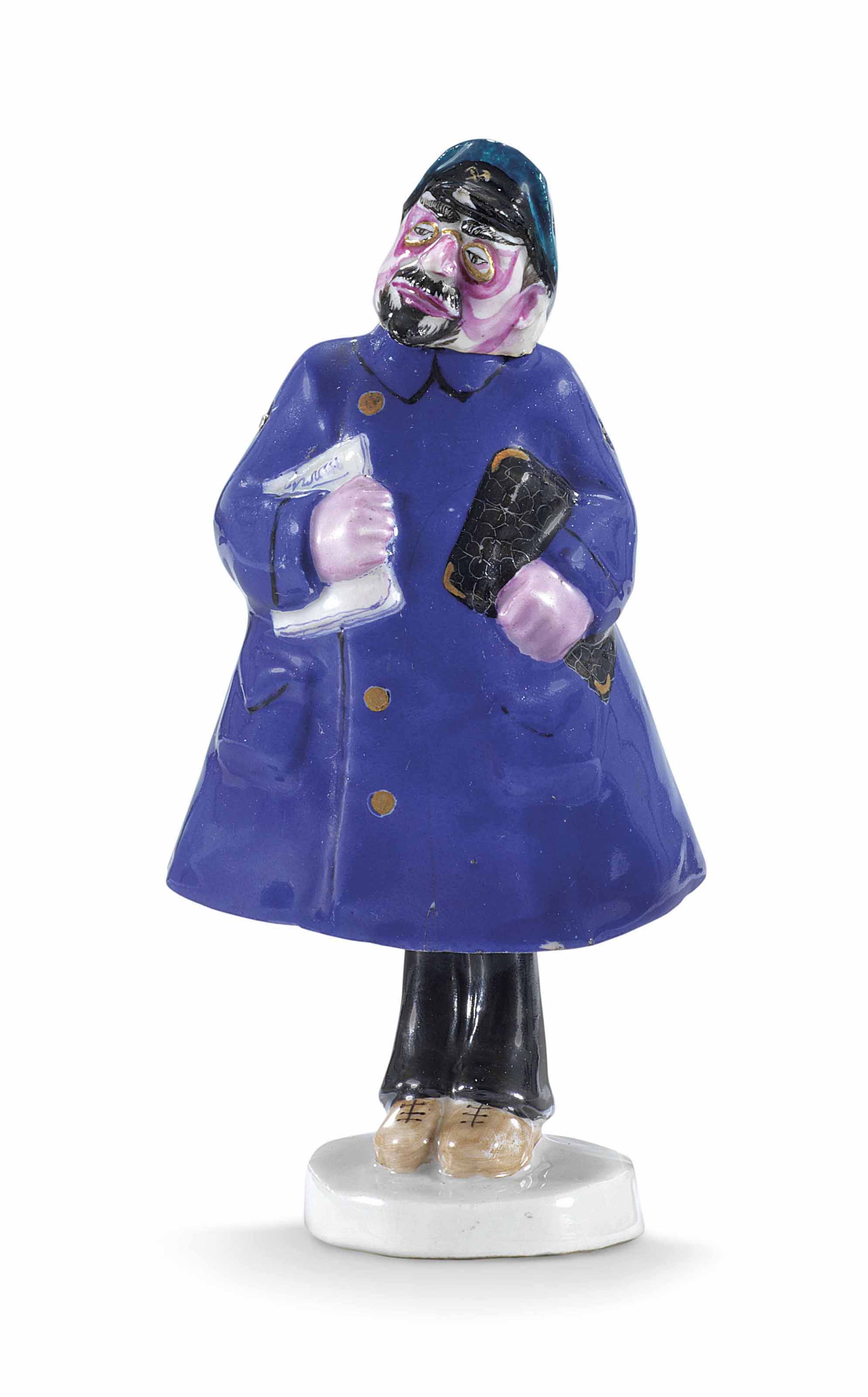 A very rare animated porcelain figure of a bureaucrat, by the State Porcelain Factory, Petrograd, circa 1933. After a design by Natalia Danko. 6&frac14;  in (15.9  cm) high. Sold for &pound;137,500 on 27 November 2017 at Christie&rsquo;s in London