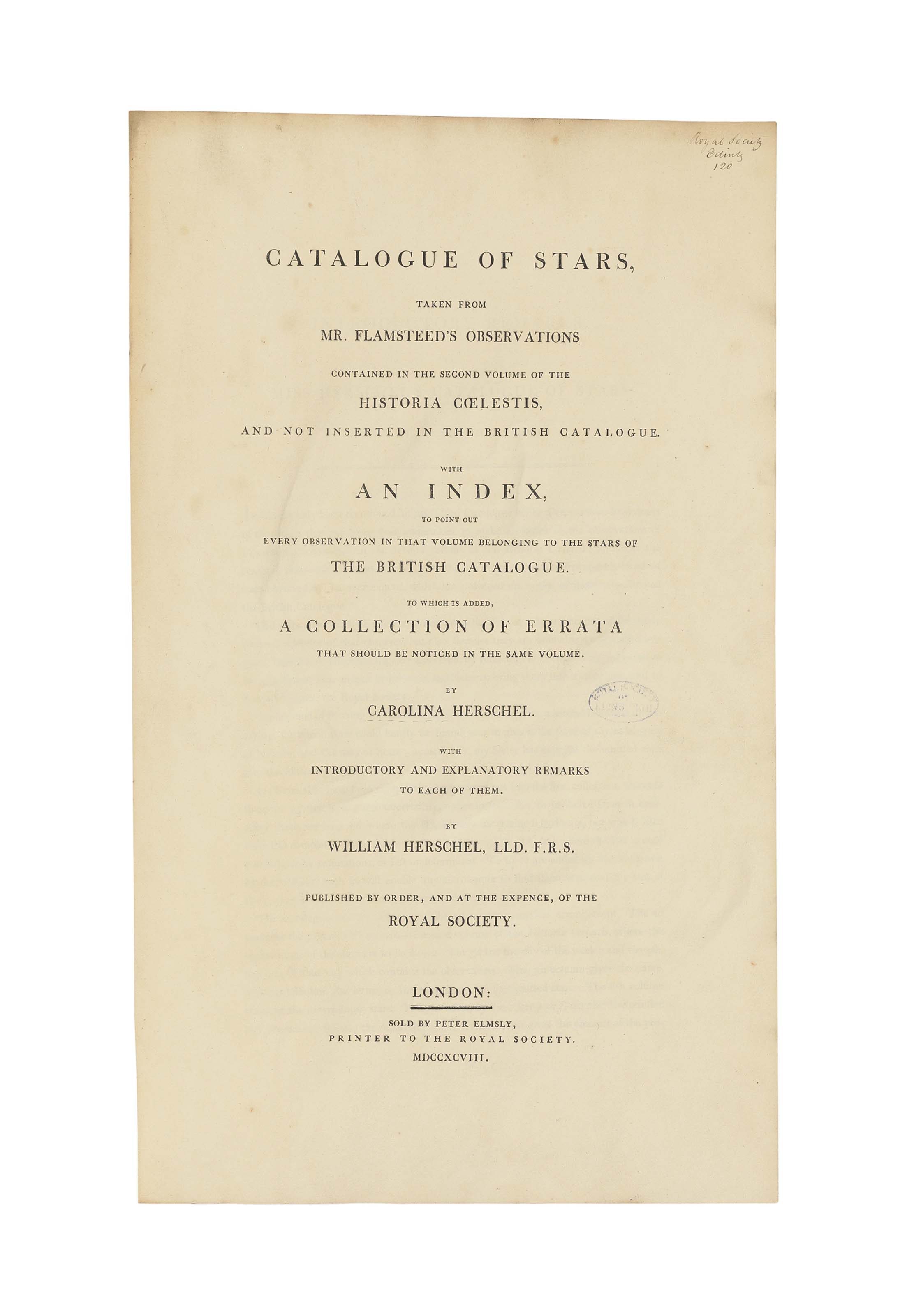 HERSCHEL, Caroline (17501848). Catalogue of Stars, taken from Mr