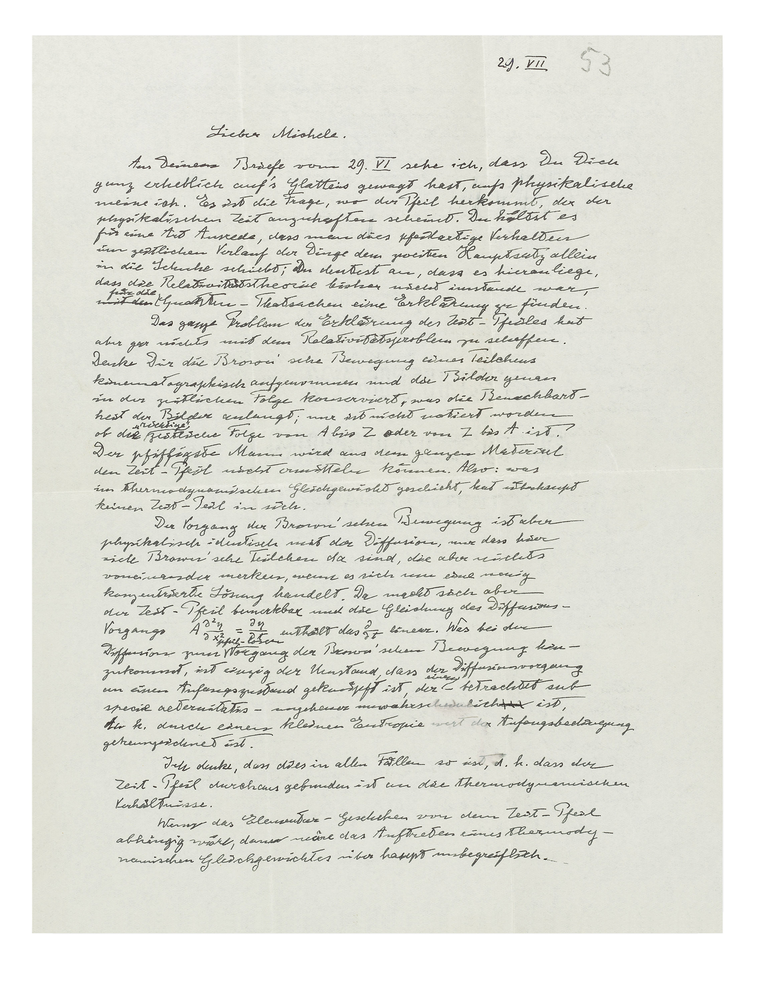 On 'time's arrow': Einstein explains that our subjective experience of time has no objective significance, and that the Big Bang must have happened independently of 'time’s arrow'. Albert Einstein, autograph letter to Michele Besso, Princeton, 29 July 1953. Sold for £100,000 on 12 July 2017 at Christie's in London