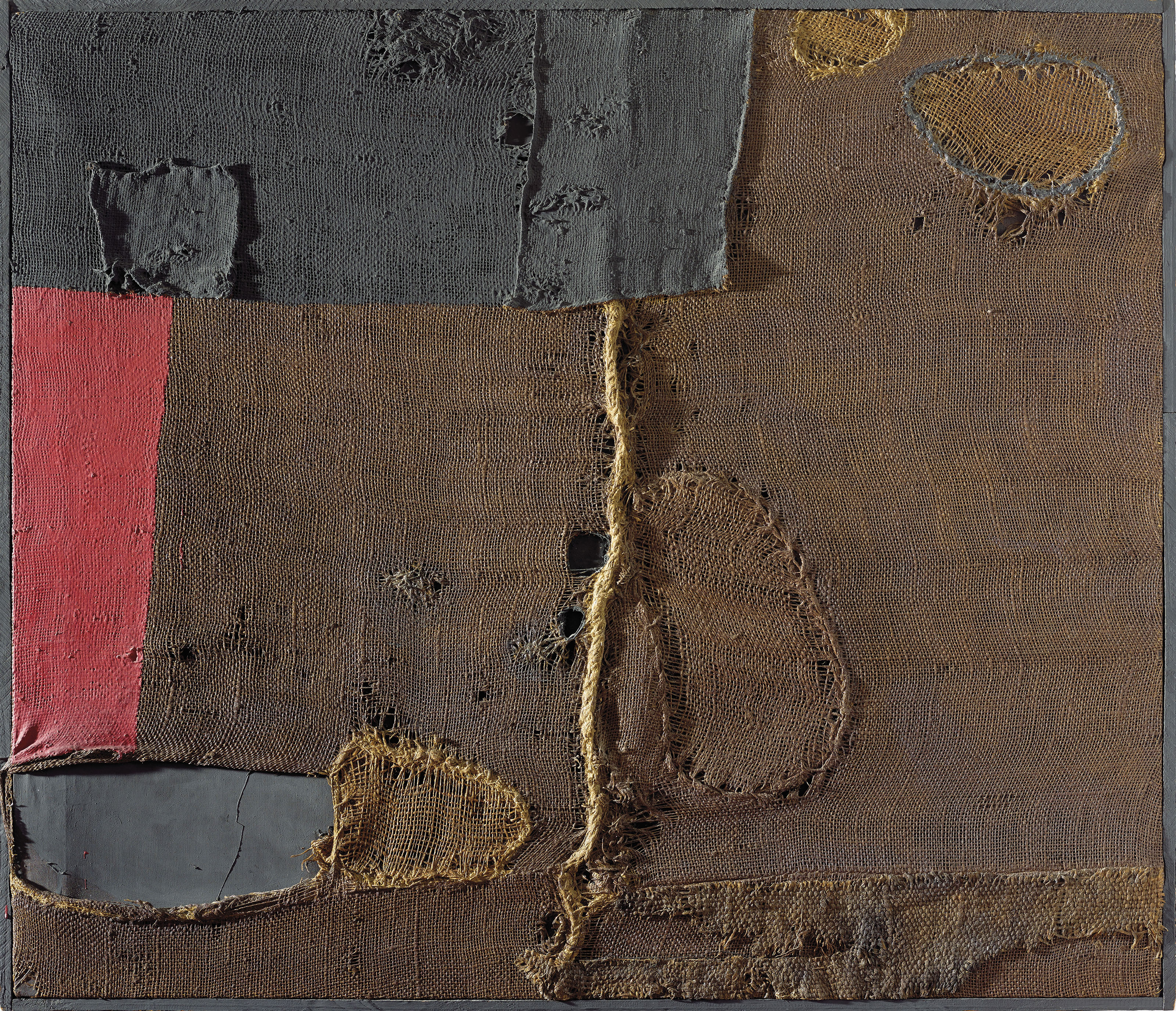 Alberto Burri (1915-1995), Sacco, 1953. 33⅞ x 39⅜ in (86 x 100 cm). Sold for &pound;7,546,250 on 6 October 2017  at Christie&rsquo;s in London. Artwork: &copy; Fondazione Palazzo Albizzini Collezione Burri, Citt&agrave; di Castello / DACS 2018

