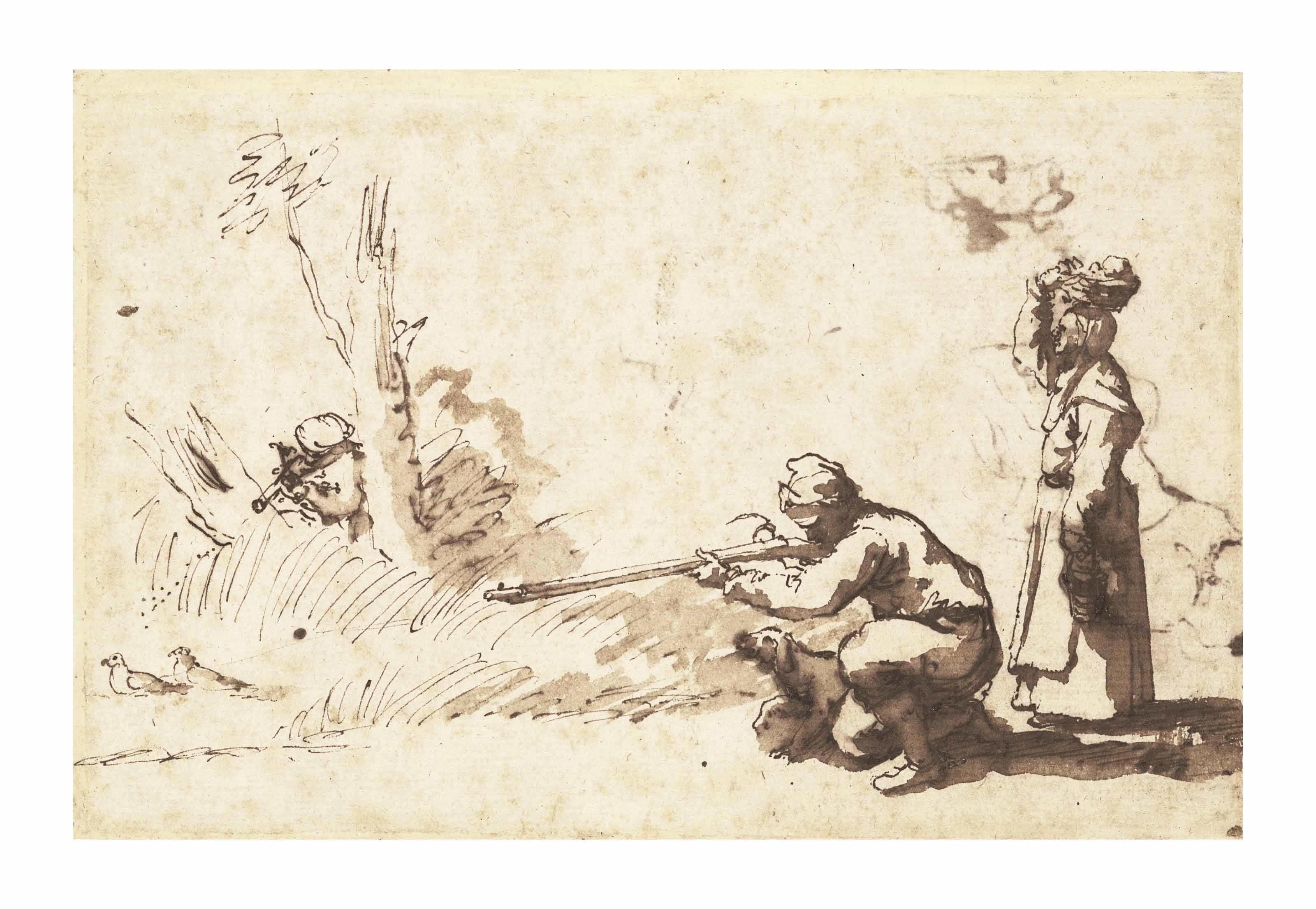 Jusepe De Ribera Lo Spagnoletto Valencia 1591 1652 Naples Two Men Hunting Pigeons And A Woman Carrying A Basket On Her Head Standing Beside Recto Two Head Studies Verso Faintly Visible Through