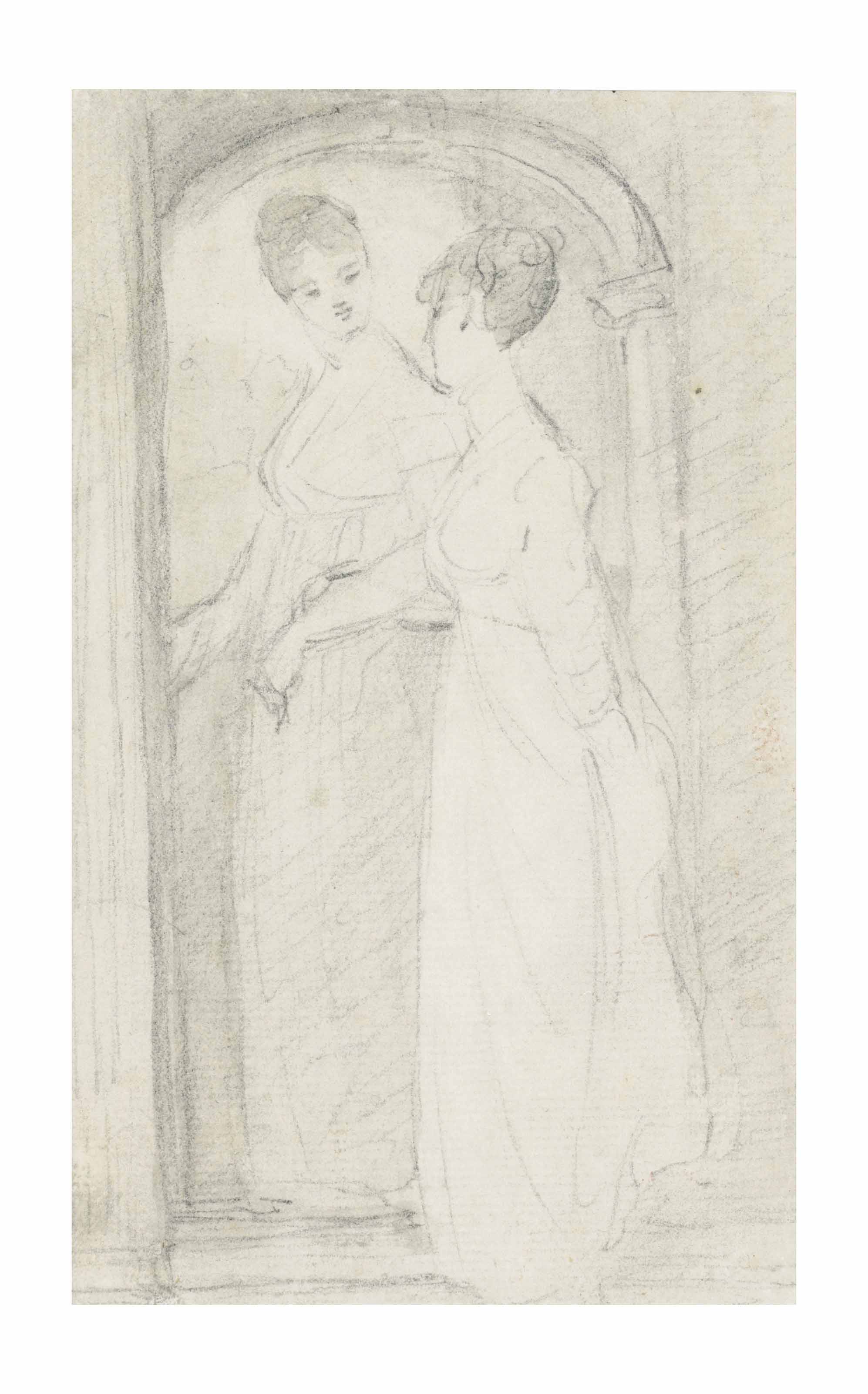 Two young ladies talking, in an arched doorway (recto); with a study of two young ladies seated (verso)