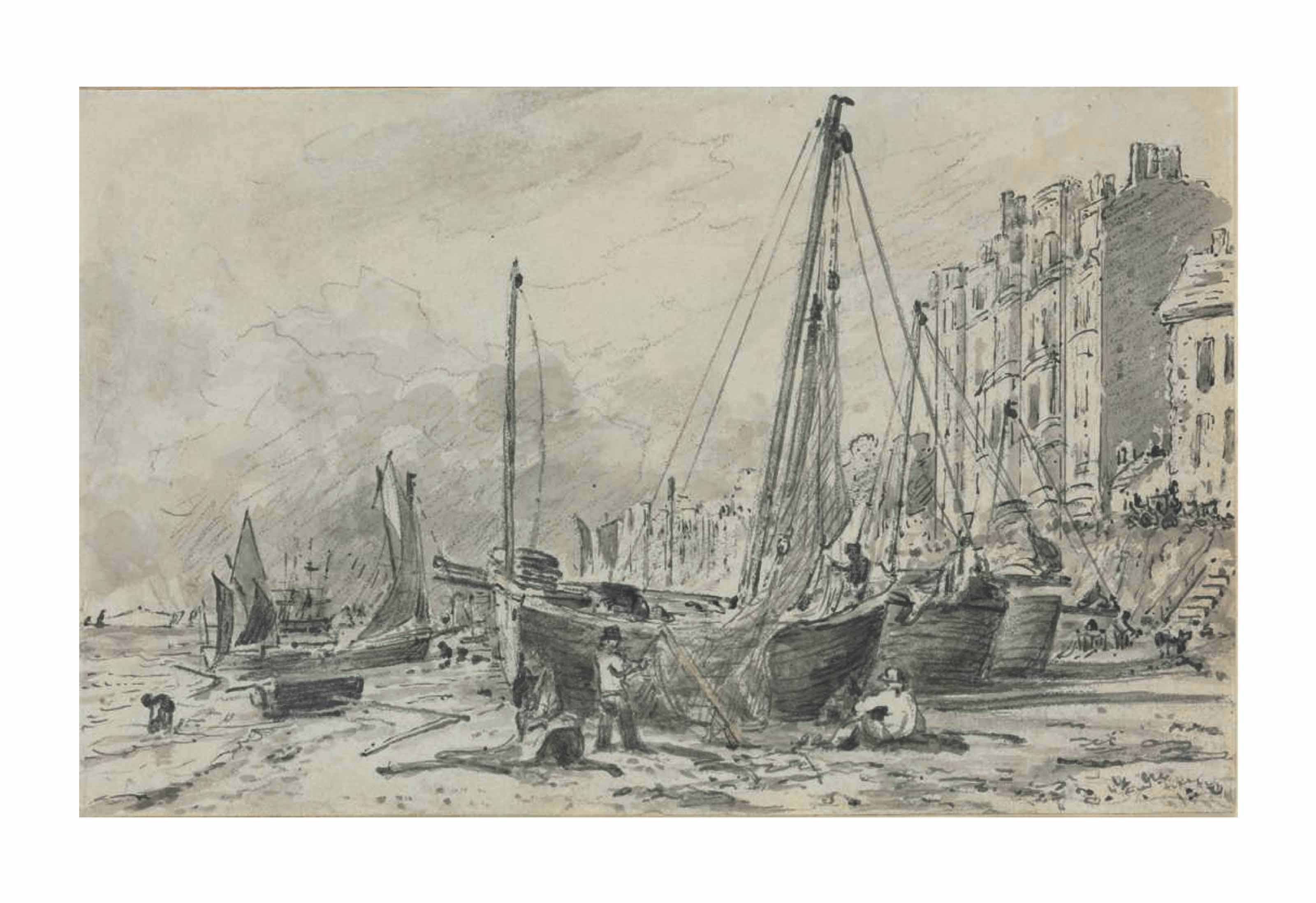 Beached fishing boats with fishermen mending nets on the beach at Brighton, looking West