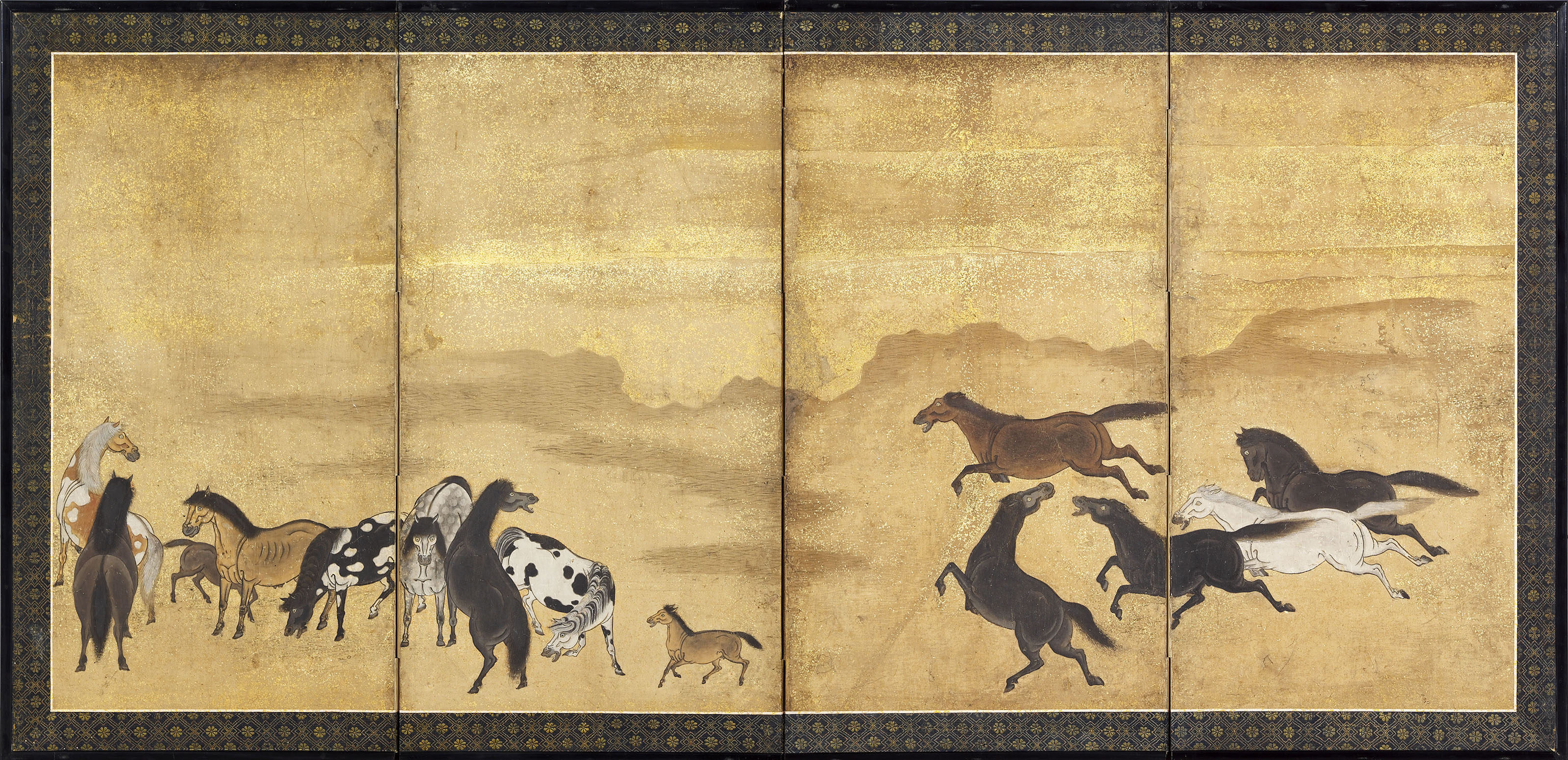 A SMALL FOUR-PANEL FOLDING SCREEN DEPICTING HORSES, EDO PERIOD