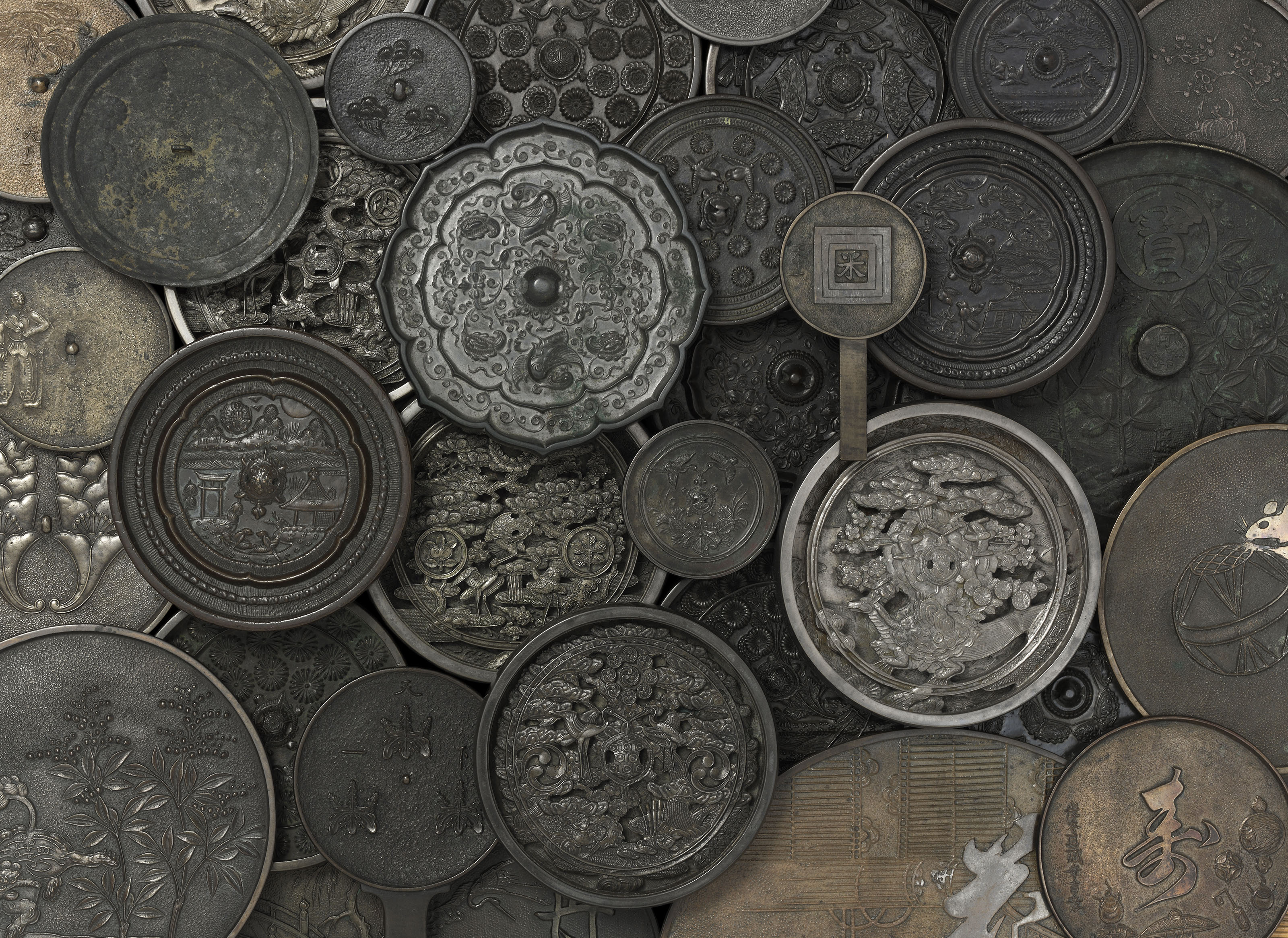 A STUDY COLLECTION OF 45 JAPANESE MIRRORS AND A LACQUER MIRROR BOX