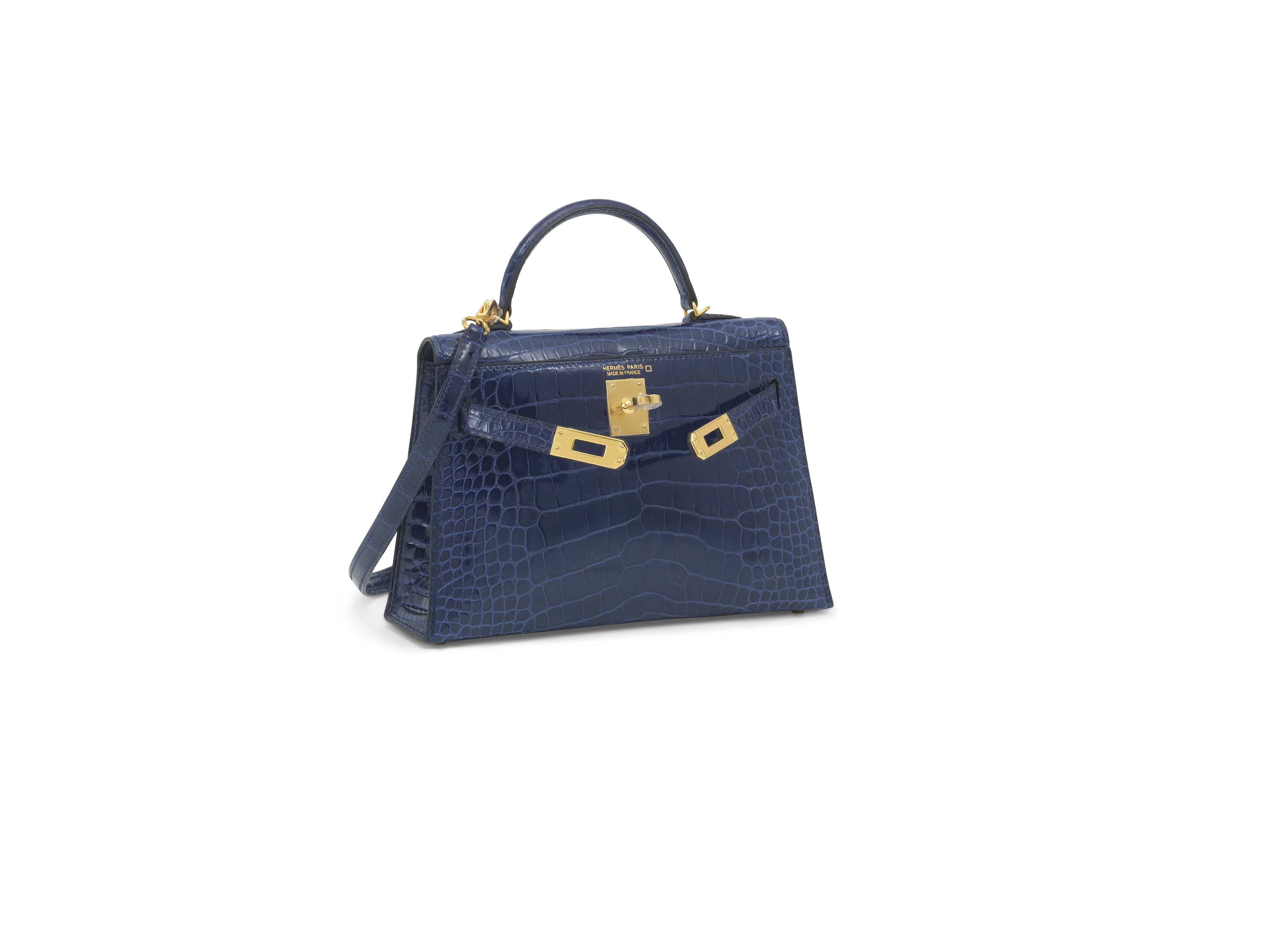 A SHINY BLEU SAPHIR ALLIGATOR SELLIER MINI KELLY 20 II WITH GOLD