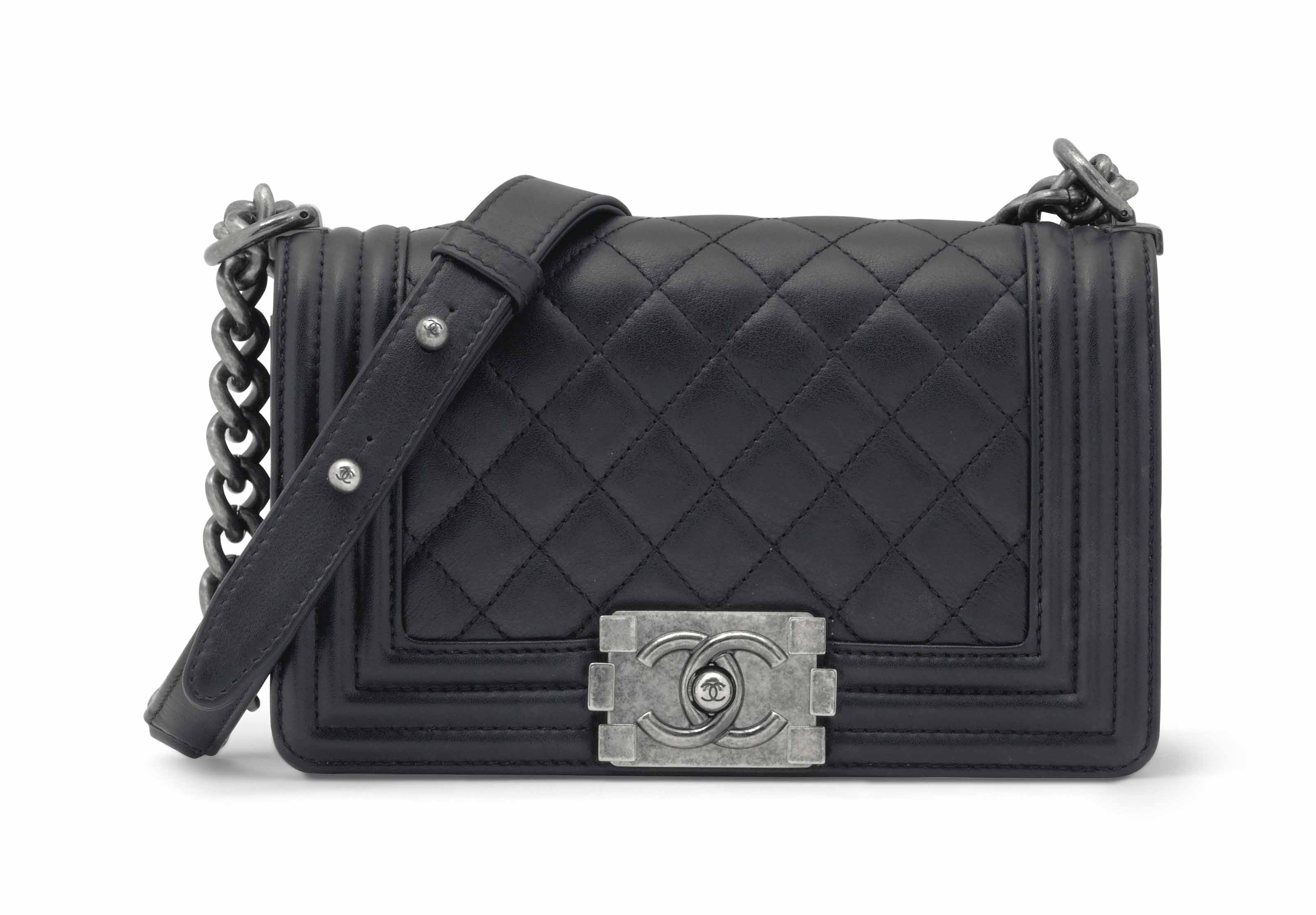 A BLACK LAMBSKIN LEATHER SMALL BOY BAG WITH AGED SILVER HARDWARE