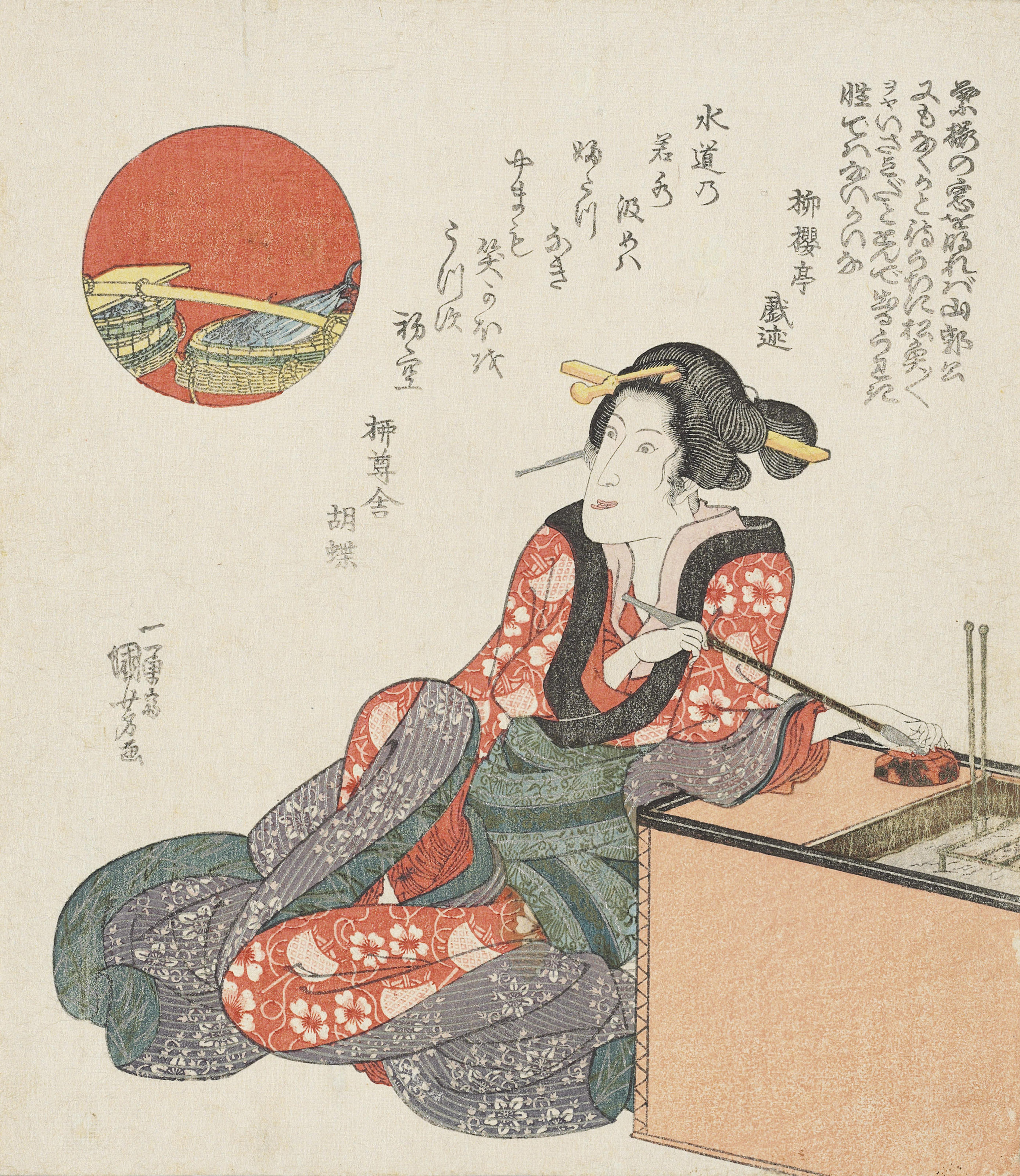 Catalog image of Iwai Hanshiro V with a pipe seated beside a brazier