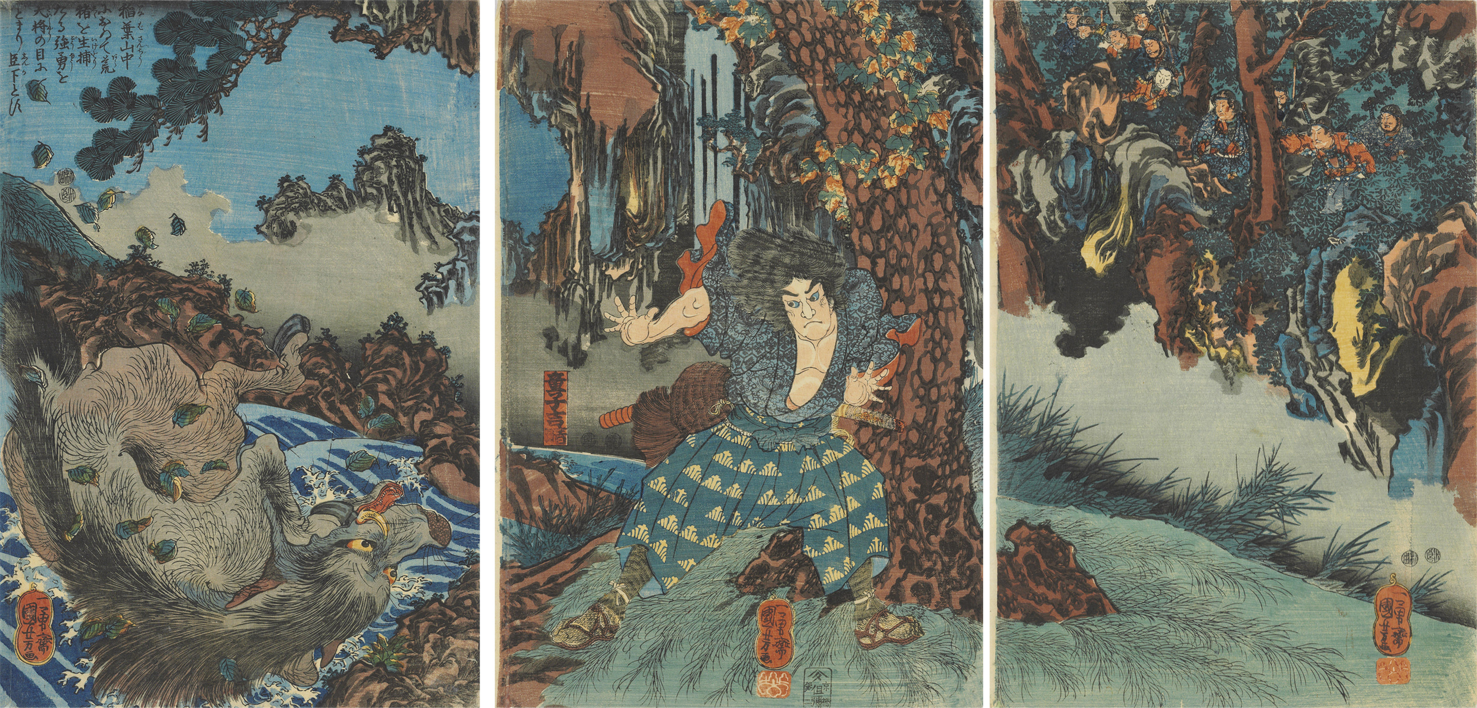 Catalog image of Doji Yoshiharu overthrowing a giant boar in the forest